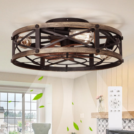 19" Farmhouse Flush Mount Caged Ceiling Fans with Lights, 6 Speeds, Rustic Low Profile Ceiling Fan with Light and Remote, Small Bladeless Ceiling Fans with Lights for Kitchen, Bedroom - ETL