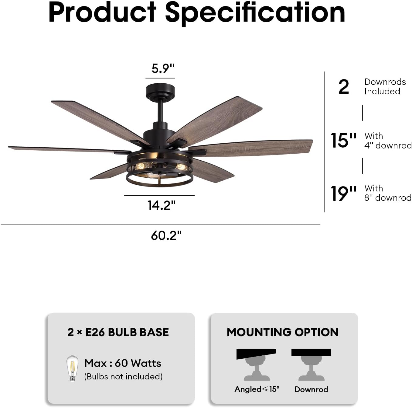 60 Inch Ceiling Fans with Lights and Remote Control, Farmhouse Ceiling Fan for Bedroom Living Room and Patio, Black Caged Ceiling Fan for Indoor and Outdoor