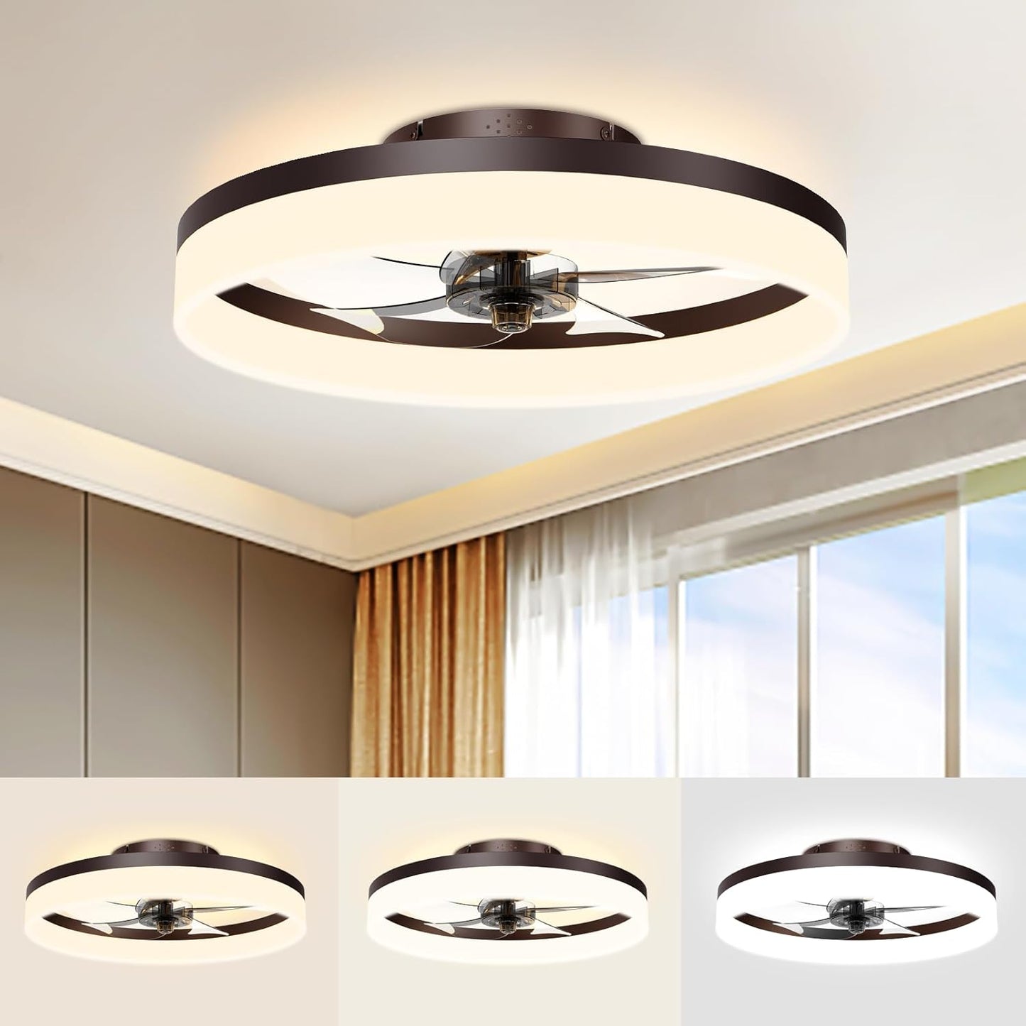 VOLISUN Low Profile Ceiling Fans with Lights and Remote, 19.7in Fandelier Ceiling Fan Flush Mount, 3000K-6500K Smart Bladeless LED Fan Light, White Modern Ceiling Fans with Lights for Bedroom