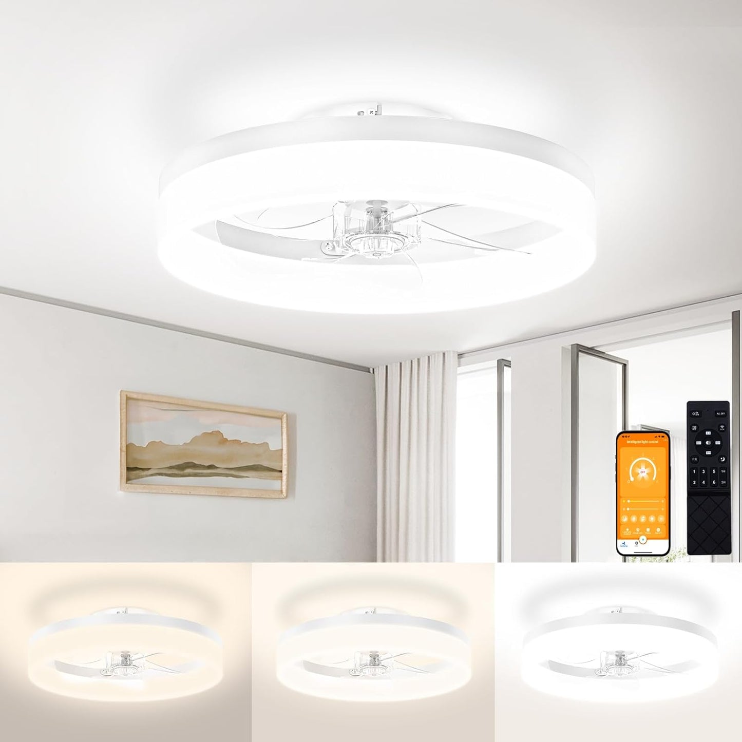 VOLISUN Low Profile Ceiling Fans with Lights and Remote, 19.7in Fandelier Ceiling Fan Flush Mount, 3000K-6500K Smart Bladeless LED Fan Light, White Modern Ceiling Fans with Lights for Bedroom