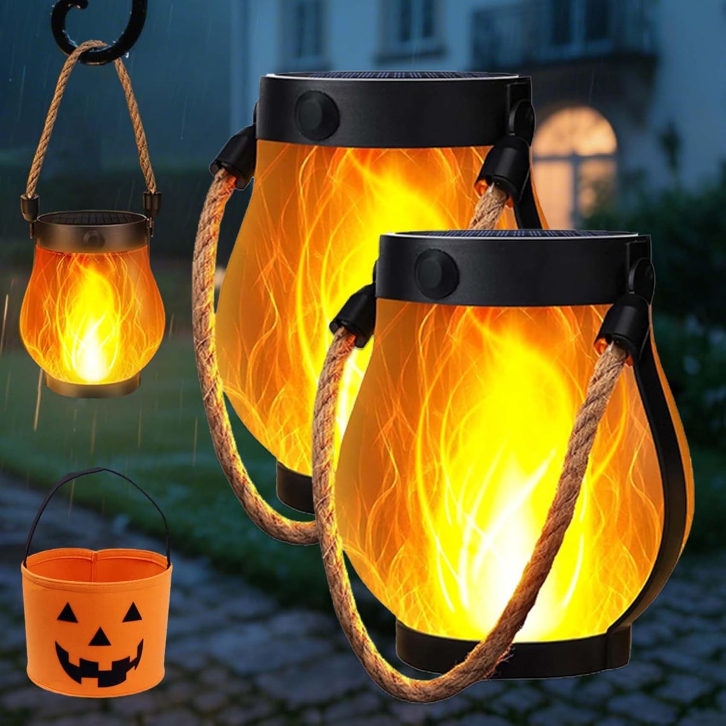 Solar Lantern Outdoor Lights, whimsyard solars Lantern Waterproof with Hemp Rope, Hanging Solar Lanterns, Dual Charging Modes for Garden Yard Decorations (5PCS)