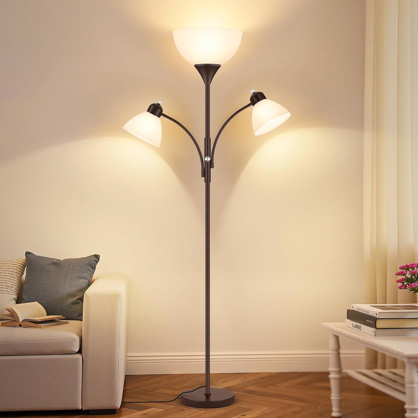 Floor Lamp for Living Room,72" Dimmable Torchiere Lamp with 2 Reading Lights for Bedroom, Black Tall Standing Room Lamp, 3 Bulbs Included