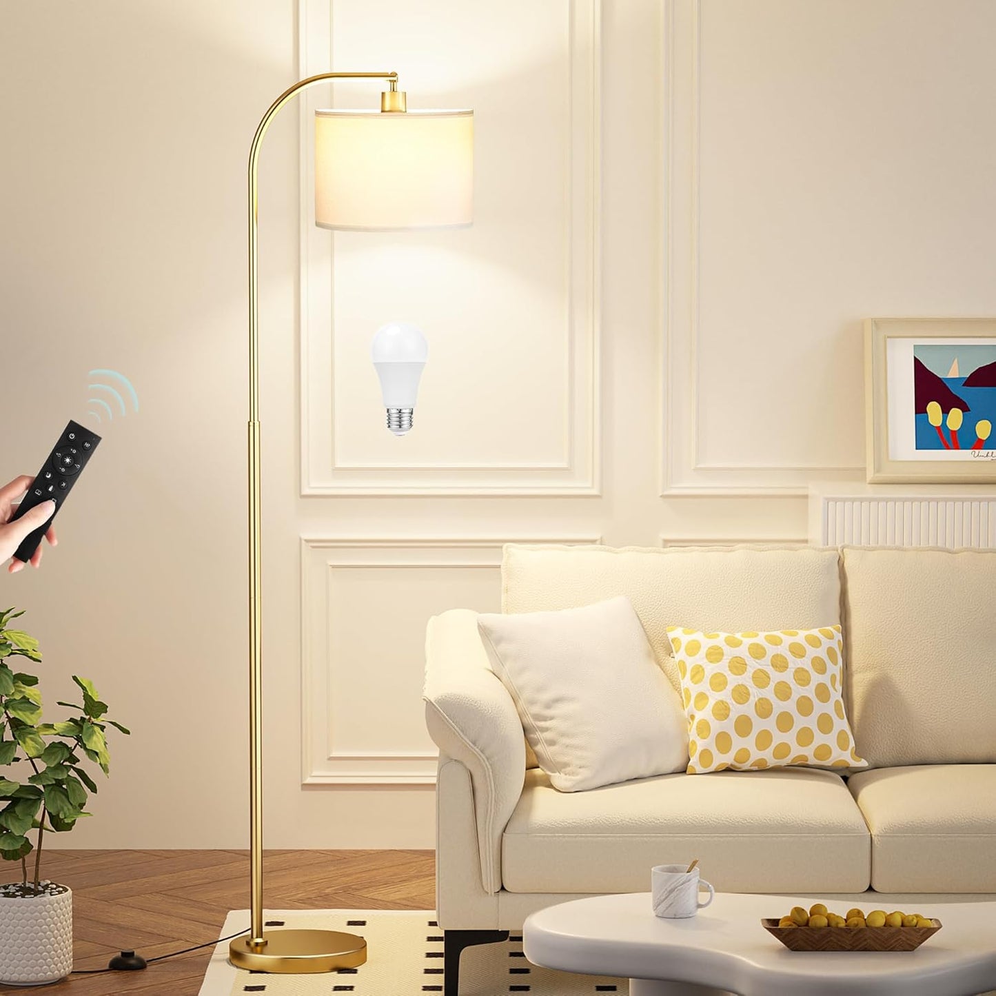 Arc Floor Lamp with Remote and Stepless Dimmable Bulb, Colors Temperature & Brightness Adjustable, Floor Lamps for Living Room（Deep Beige Shade & Black Pole）