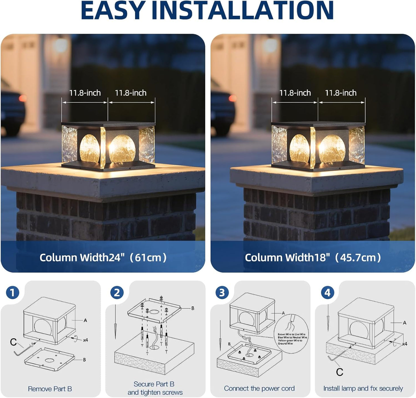 Outdoor Post Lights, 11.8" Pillar Light Hardwired, IP54 Waterproof Column Lamp 3000K LED Lantern Patio Modern Fence Lighting for Garden Yard Gate Walkway Landscape Outside Decorations