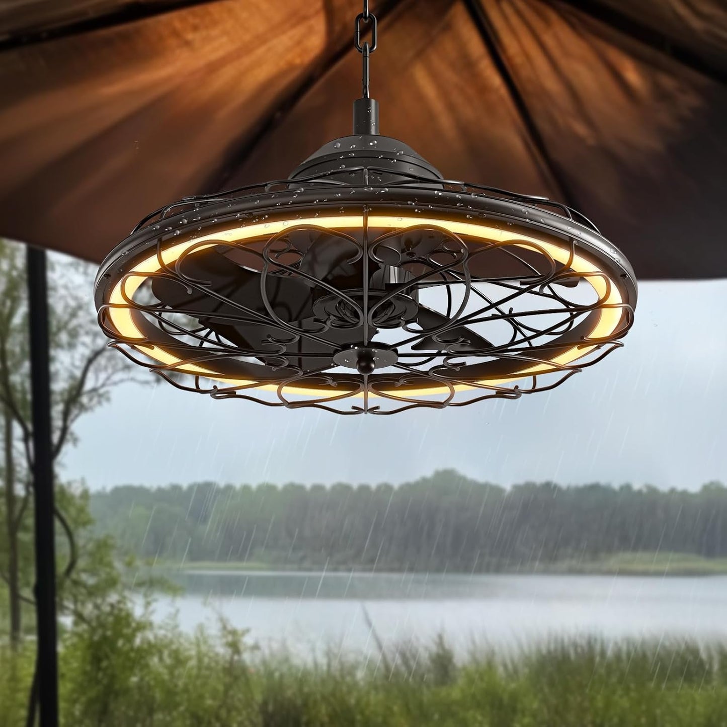21" Waterproof Outdoor Ceiling Fan with Light, Outdoor Boho Hanging Fan for Patio, 6-Speed & 3 CCT LED, Caged Ceiling Fan with Smart APP & Remote Control, Perfect for Gazebo, Pergola, Canopy