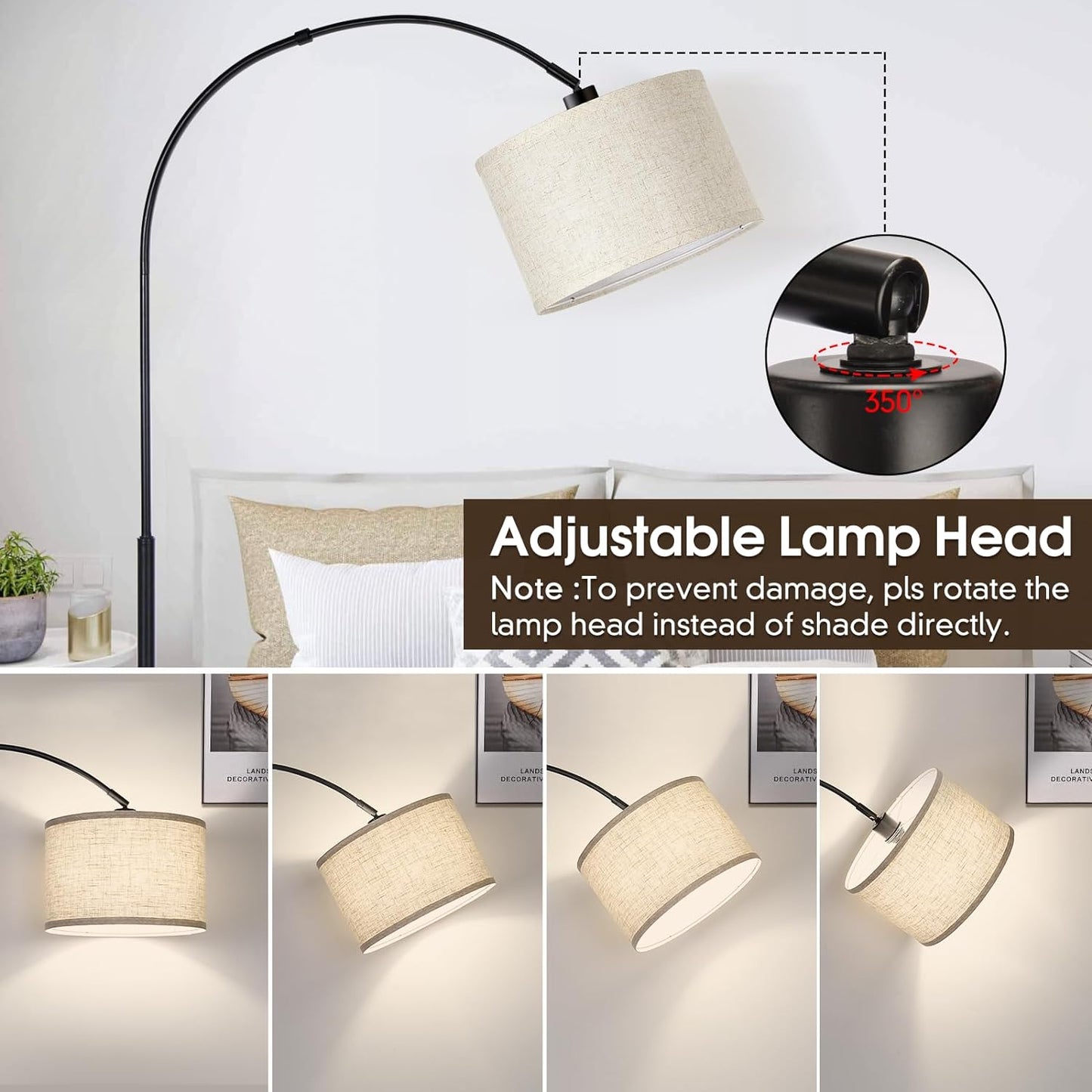 Dimmable Floor Lamp, Arc Floor Lamp with Dimmer, Black Standing Lamp with Adjustable Hanging Shade, Over Couch Tall Reading Light, Modern Pole Lamp for Living Room Bedroom, 9W LED Bulb Included