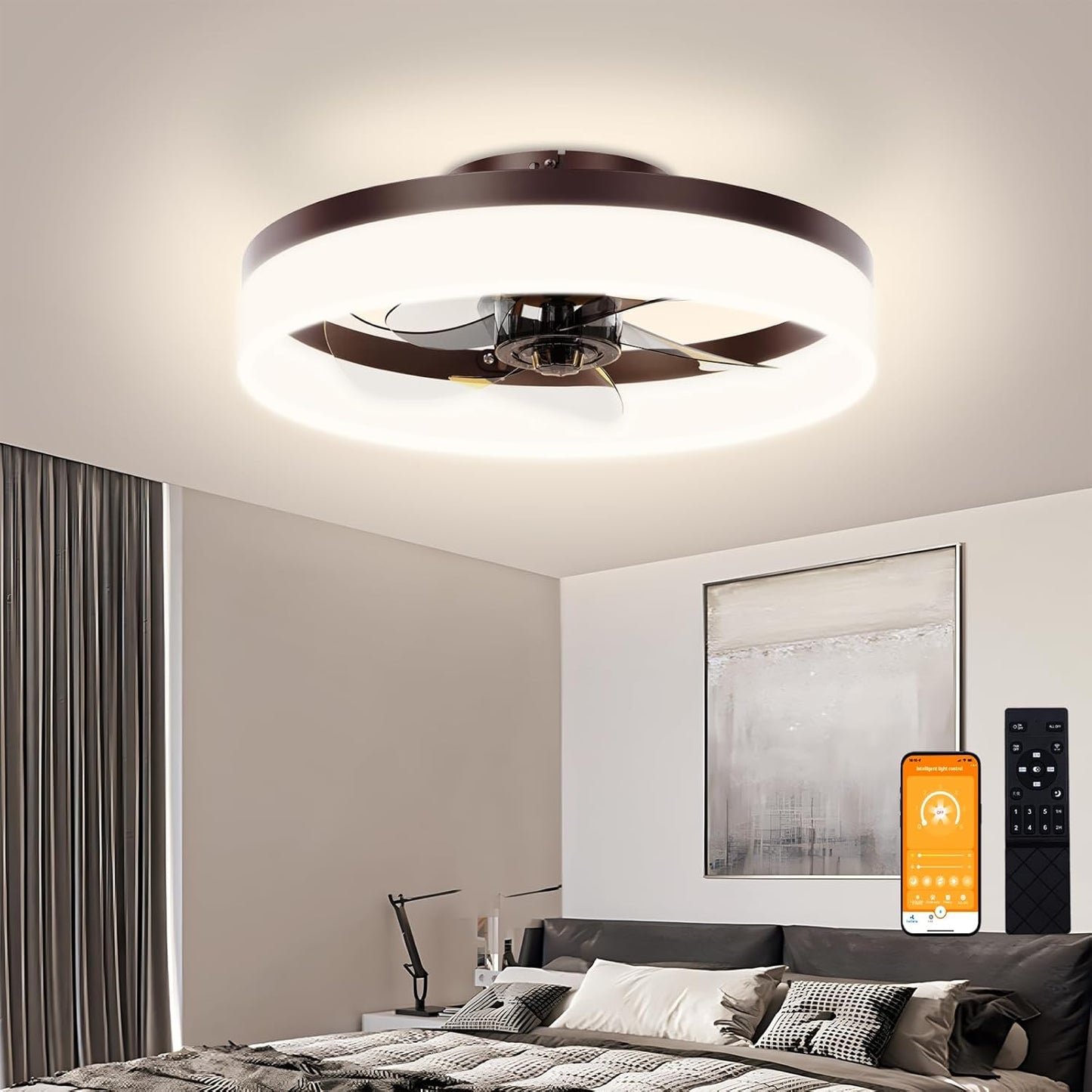 VOLISUN Low Profile Ceiling Fans with Lights and Remote, 19.7in Fandelier Ceiling Fan Flush Mount, 3000K-6500K Smart Bladeless LED Fan Light, White Modern Ceiling Fans with Lights for Bedroom