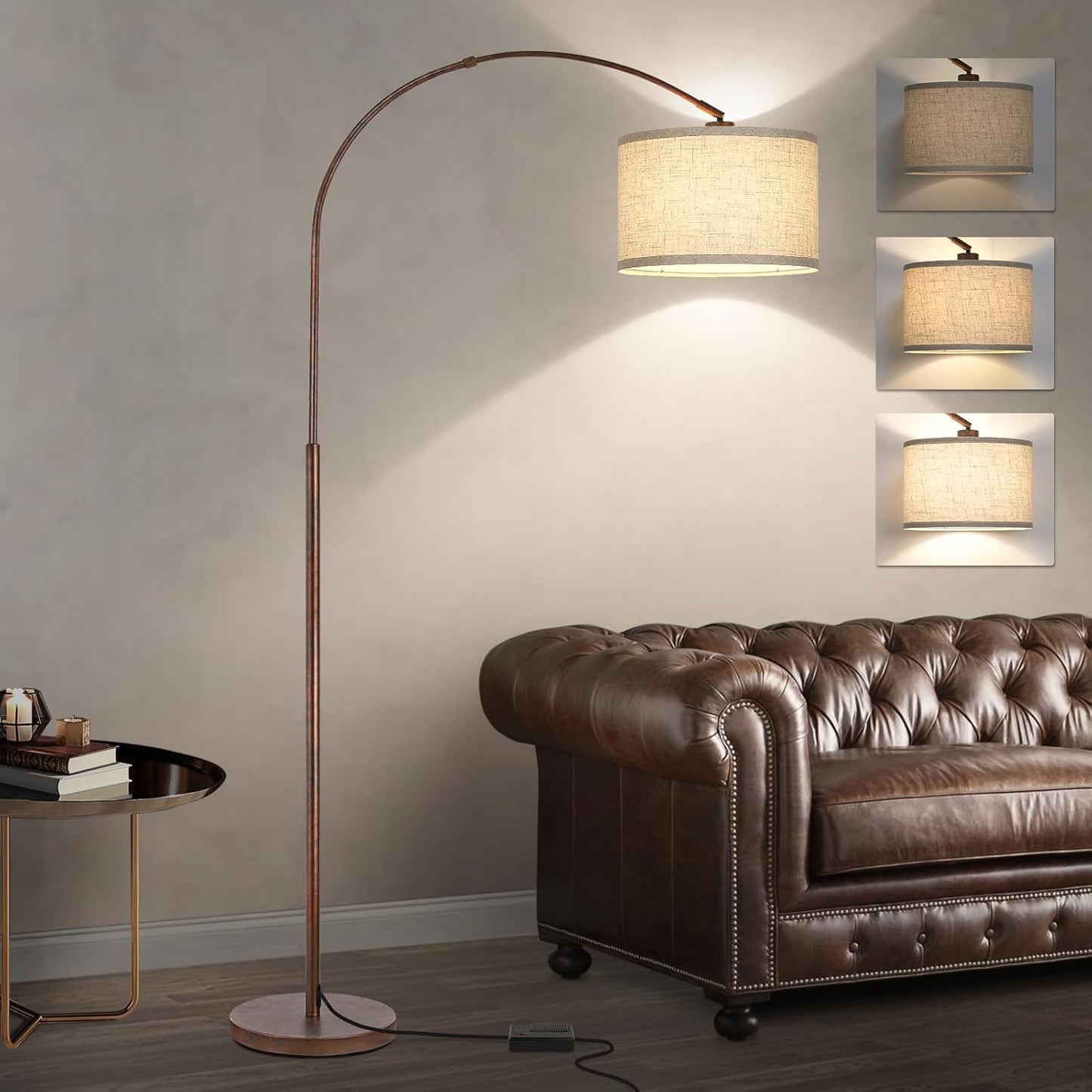 Dimmable Floor Lamp, Arc Floor Lamp with Dimmer, Black Standing Lamp with Adjustable Hanging Shade, Over Couch Tall Reading Light, Modern Pole Lamp for Living Room Bedroom, 9W LED Bulb Included