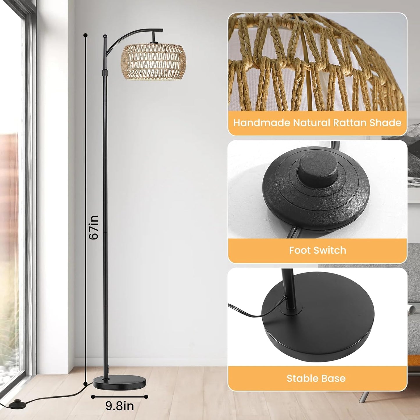 Arc Floor Lamp for Living Room,Farmhouse Floor Lamps with Remote Control & Dimmable Bulb, Boho Rattan Tall Standing Lamp for Bedroom Office