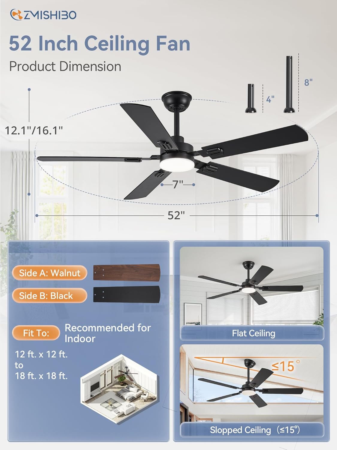 ZMISHIBO 52" Ceiling Fans with Lights, Black Modern Ceiling Fan with Remote, Farmhouse Indoor Ceiling Fan with Dual Finish Blades, Quiet & Strong Motor, Bright LED Light.