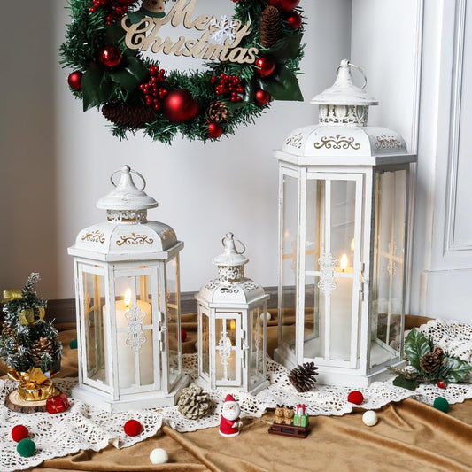 JHY DESIGN Set of 3 Decorative Candle Lanterns 20''&14"&10" H Outdoor Candle Lanterns Vintage Metal Cand leholder for Indoor Outdoor, Events, Parities and Weddings(White with Gold Brush)