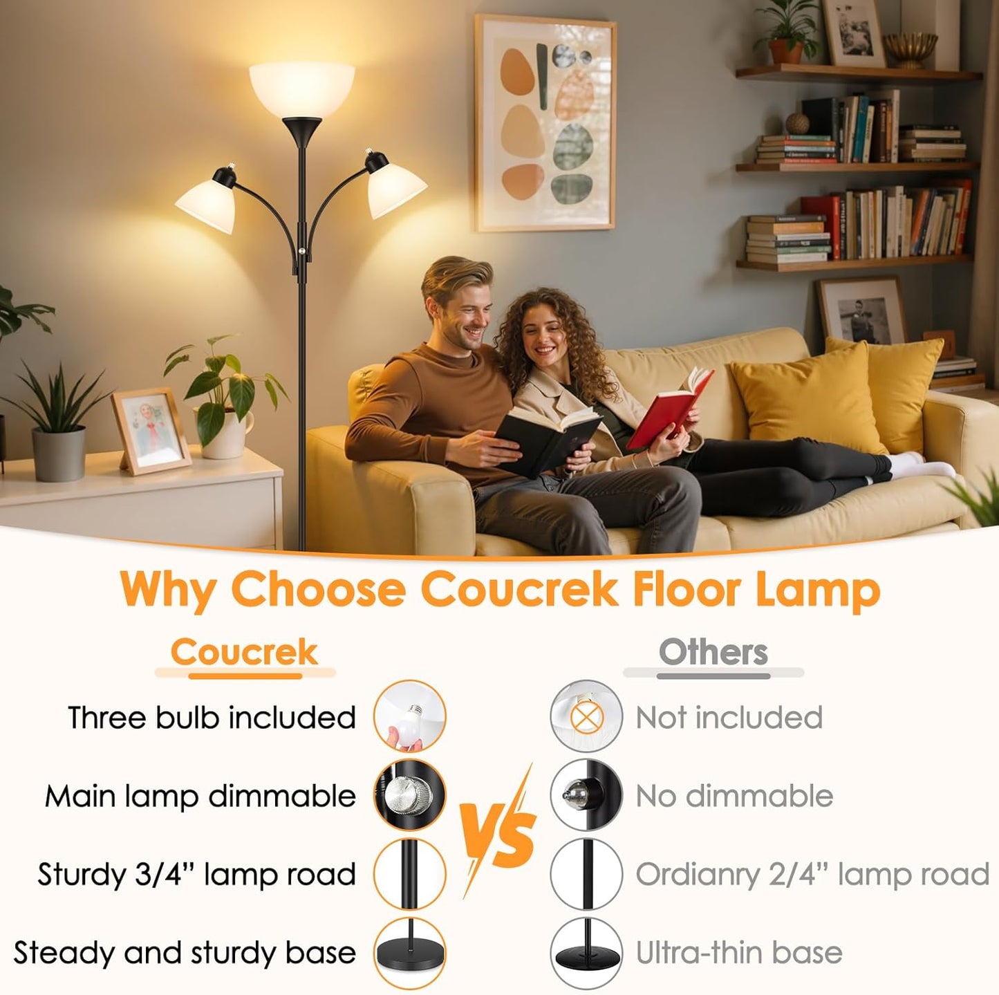 Floor Lamp for Living Room,72" Dimmable Torchiere Lamp with 2 Reading Lights for Bedroom, Black Tall Standing Room Lamp, 3 Bulbs Included