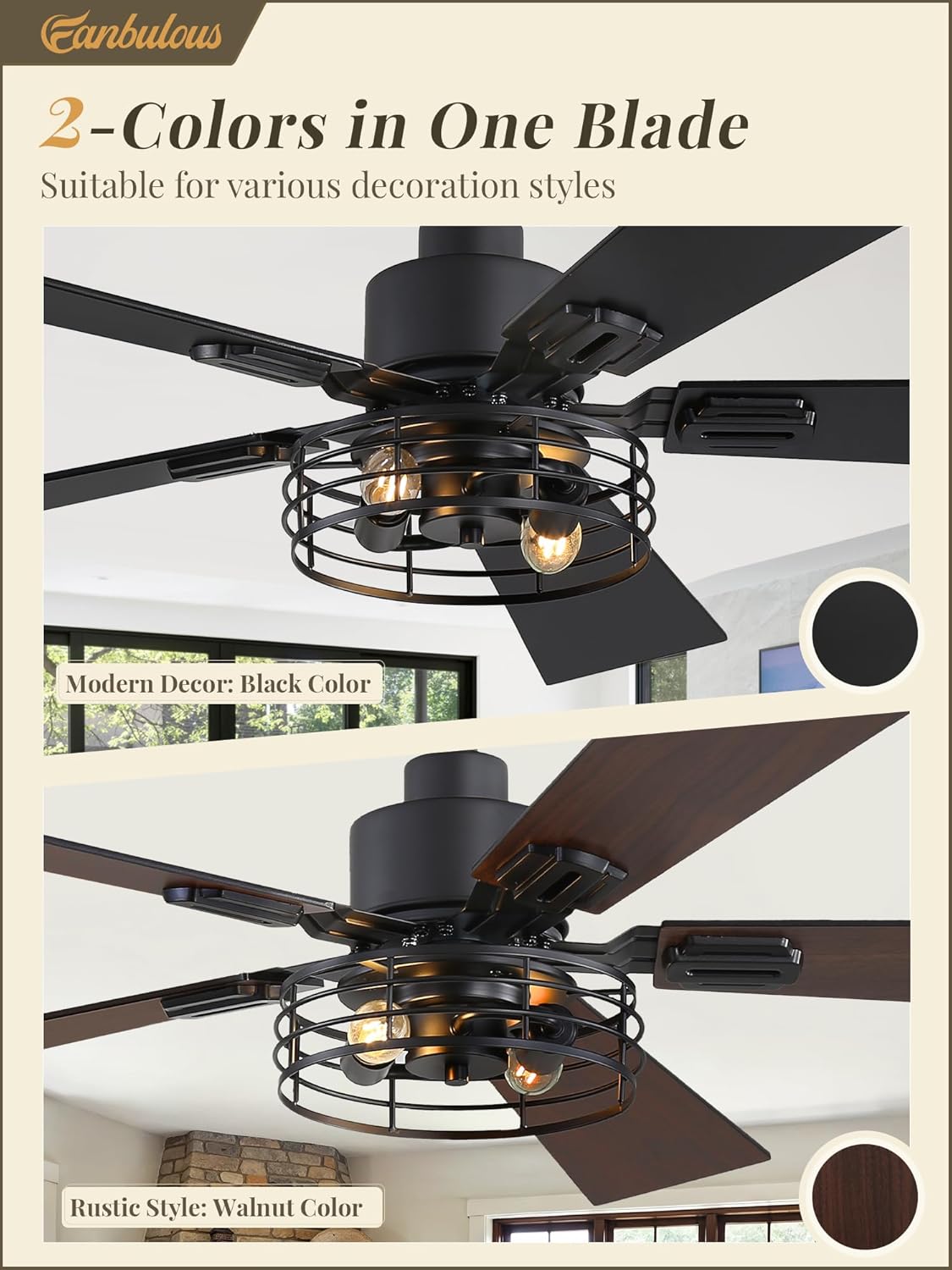 2 Pack Farmhouse 42 Ceiling Fans with Lights, Black Industrial Caged Ceiling Fans for Bedroom Living Room, Double-Sided 5 Blades Rustic Ceiling Fan