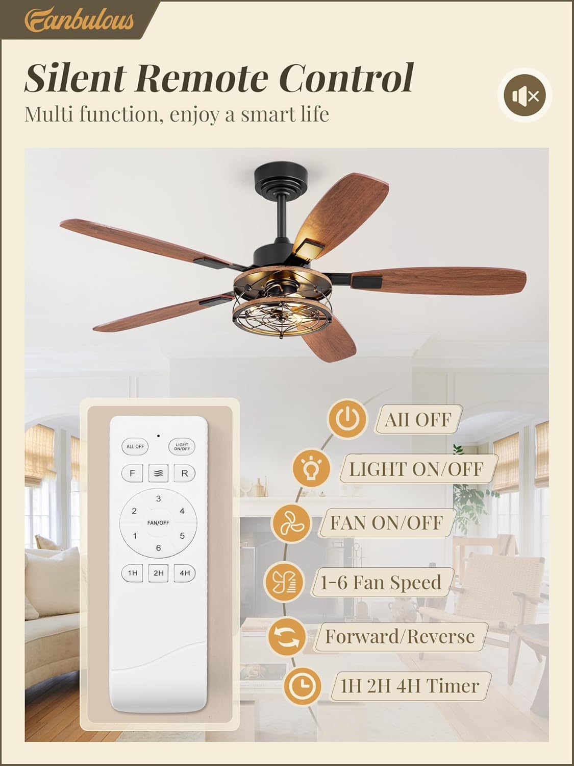 52 Inch Farmhouse Ceiling Fan with Light and Remote, Black Industrial Caged Flush Mount Ceiling Fans with 6 Speed Reversible Motor and Dual Finish 5 Blades, Rustic Ceiling Fan for Living room, Bedroom