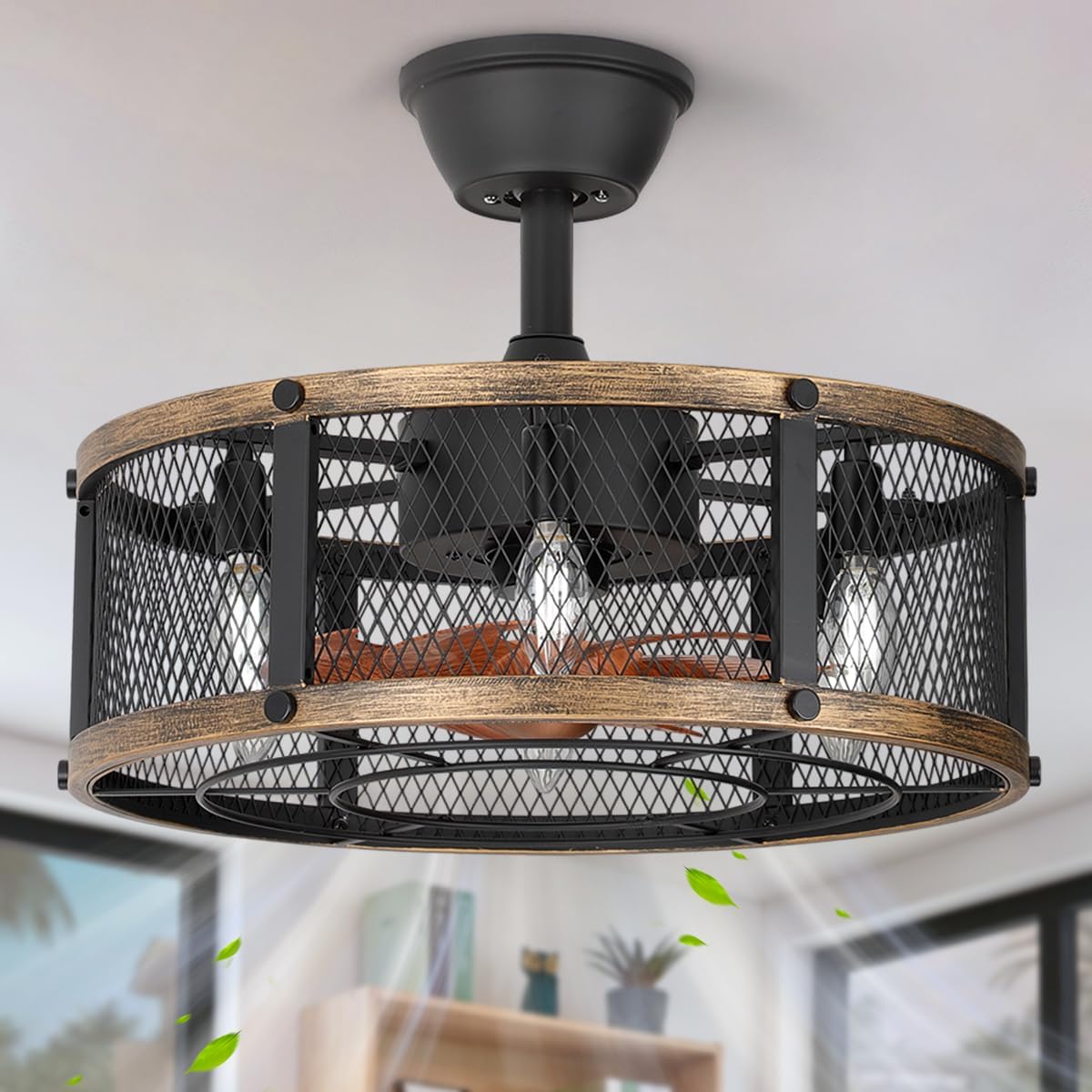 19" Farmhouse Flush Mount Caged Ceiling Fans with Lights, 6 Speeds, Rustic Low Profile Ceiling Fan with Light and Remote, Small Bladeless Ceiling Fans with Lights for Kitchen, Bedroom - ETL