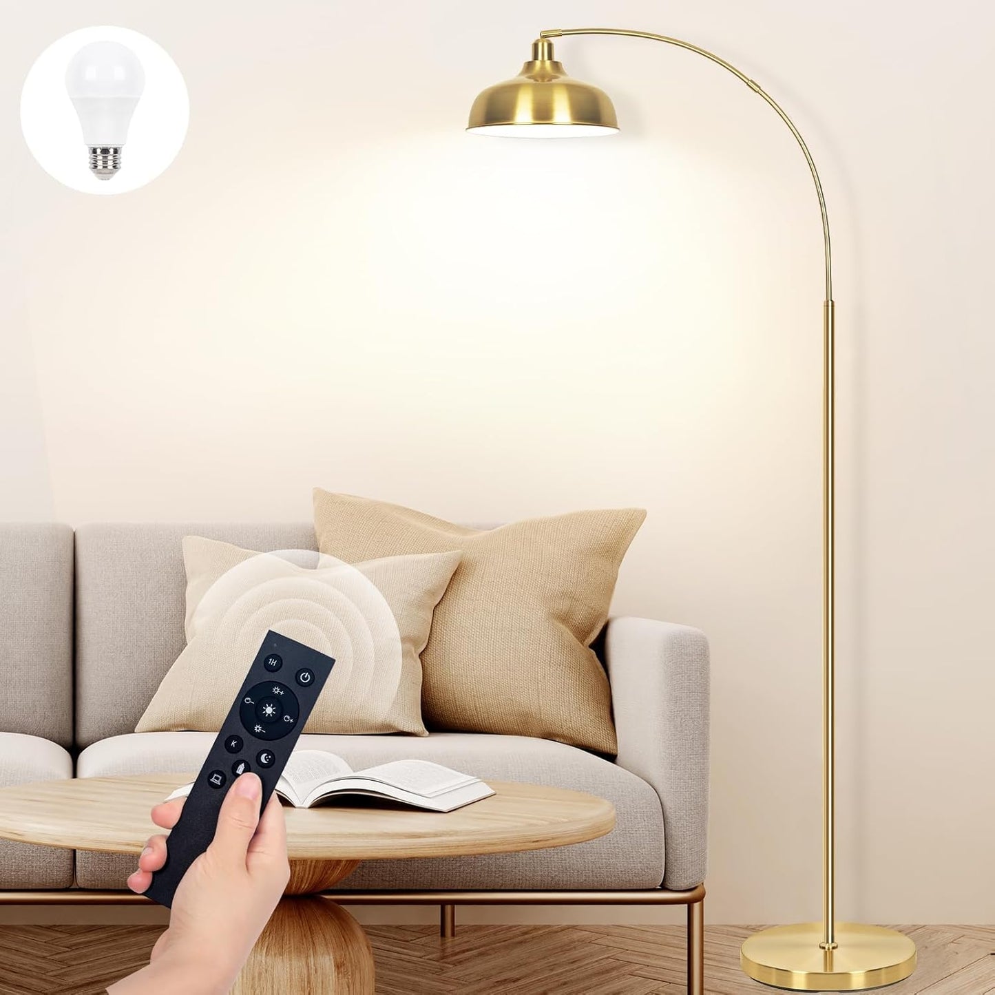 Arch Floor Lamps with Remote - Dimmable Floor Lamp 70”, Black Tall Lamp with 360° Adjustable Hanging Metal Shade, Arc Lamps Floor Standing with 9W Bulb, Over Couch Lamps for Living Room, Foot Switch