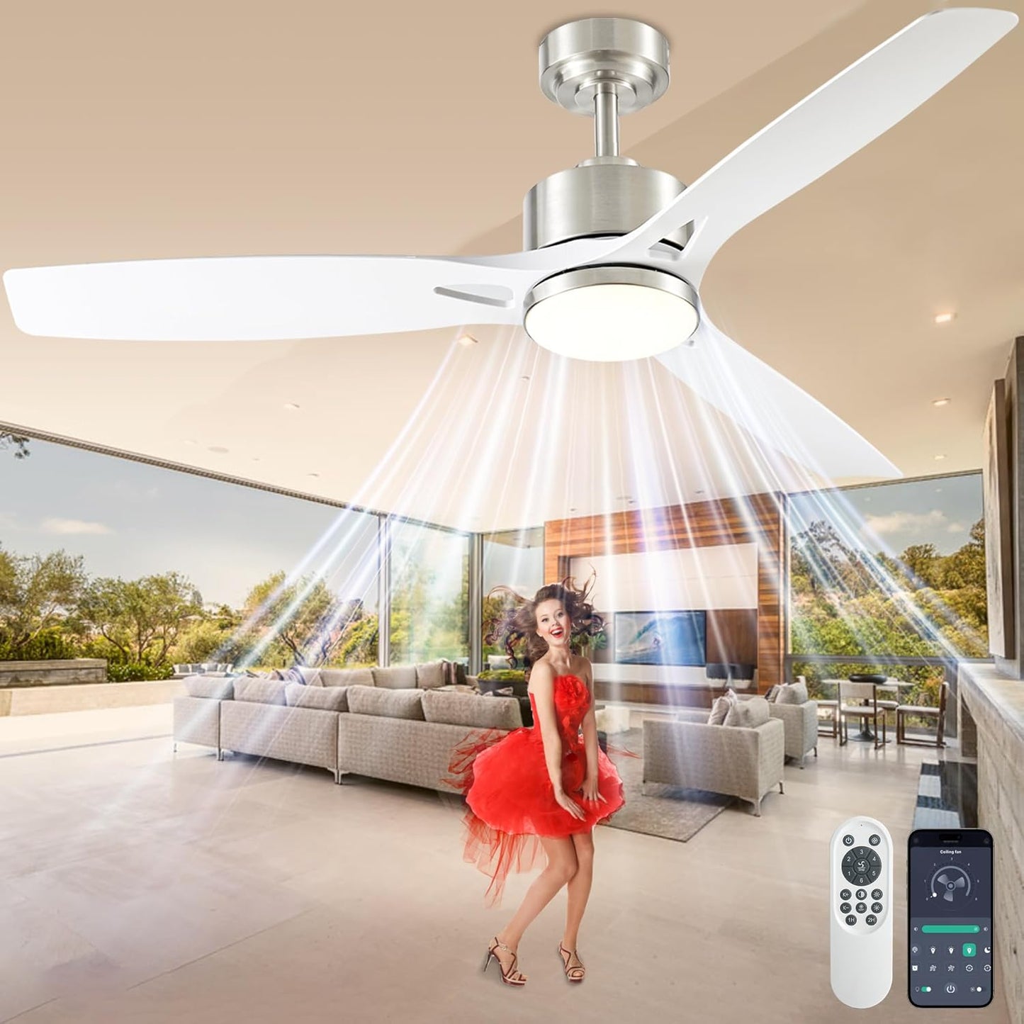 72 inch Ceiling Fans with Lights and Remote Control,Indoor/Outdoor Flush Mount Low Profile Commercial Reversible Dimmable Wood Grain Ceiling Fans for Living Room Patio Industrial Shop.