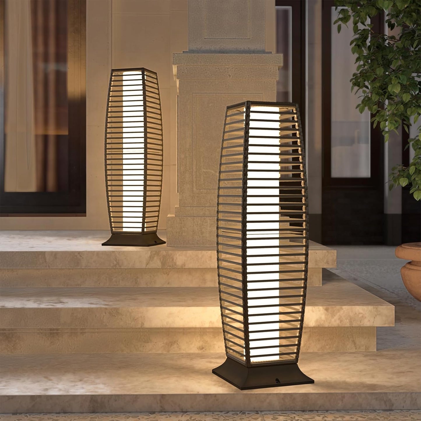 Grand patio 2-Piece Outdoor Solar-Powered Woven Wicker Lantern Floor Lamp Decoration for Deck Garden Lawn Porch - Medium Cindy, Silver Gray