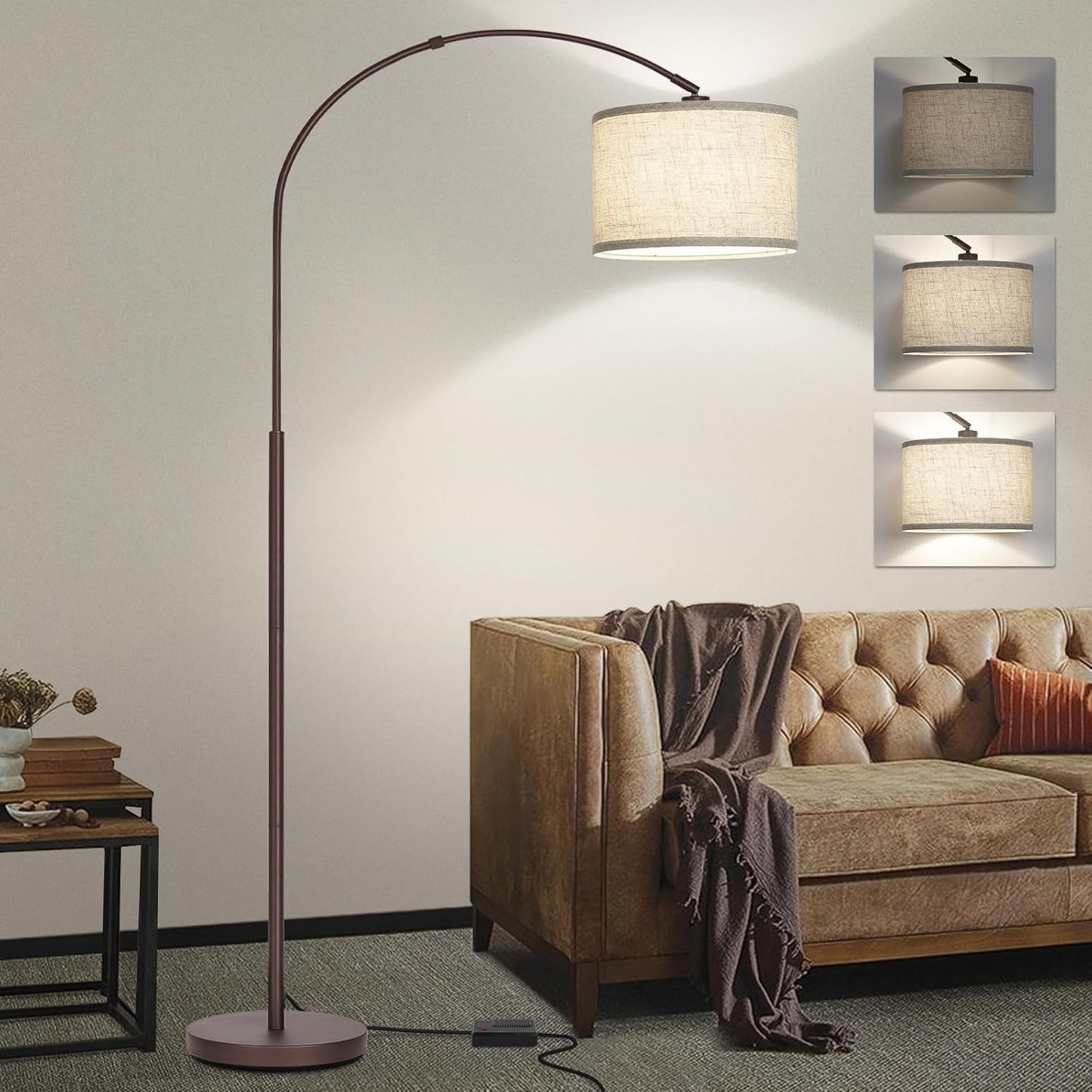 Dimmable Floor Lamp, Arc Floor Lamp with Dimmer, Black Standing Lamp with Adjustable Hanging Shade, Over Couch Tall Reading Light, Modern Pole Lamp for Living Room Bedroom, 9W LED Bulb Included