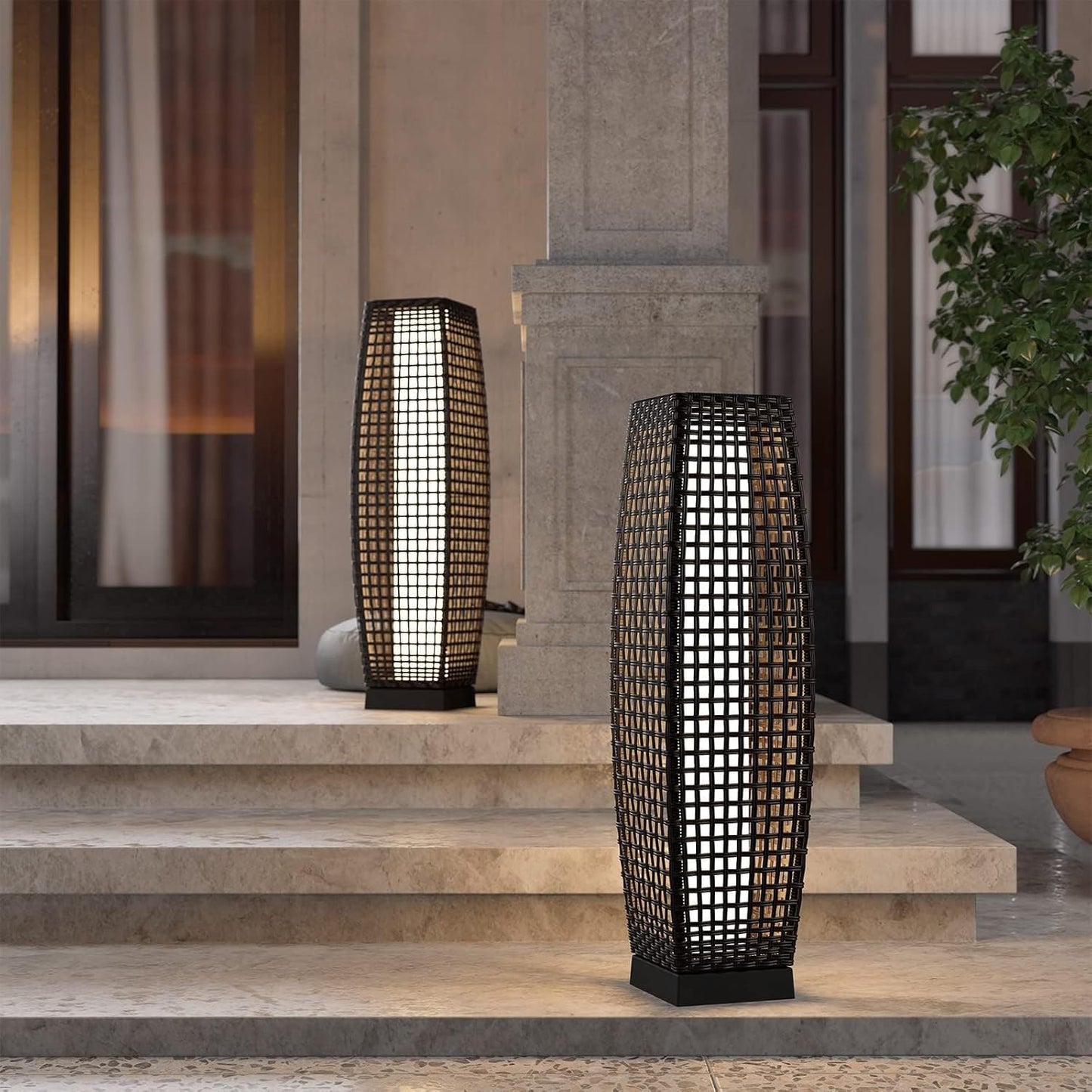 Grand patio 2-Piece Outdoor Solar-Powered Woven Wicker Lantern Floor Lamp Decoration for Deck Garden Lawn Porch - Medium Cindy, Silver Gray