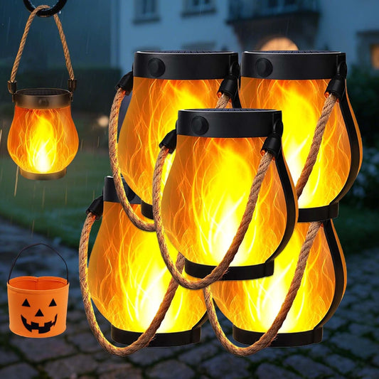 Solar Lantern Outdoor Lights, whimsyard solars Lantern Waterproof with Hemp Rope, Hanging Solar Lanterns, Dual Charging Modes for Garden Yard Decorations (5PCS)