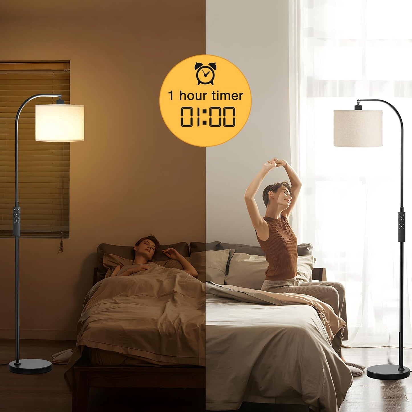 Arc Floor Lamp with Remote and Stepless Dimmable Bulb, Colors Temperature & Brightness Adjustable, Floor Lamps for Living Room（Deep Beige Shade & Black Pole）