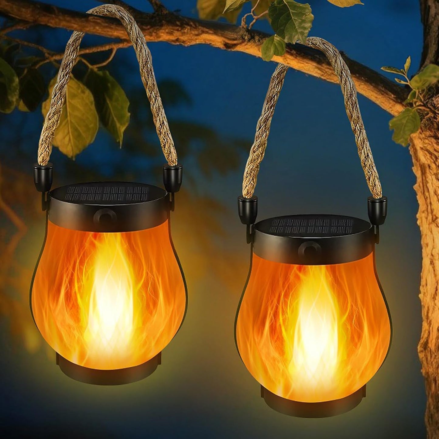 Kaliqo Solar Lantern Outdoor Lights Waterproof,Flickering Flame SolarLantern Waterproof Light,Kaligo Hemp Rope Hanging Flame Lanterns for Garden Yard Decorations (5)