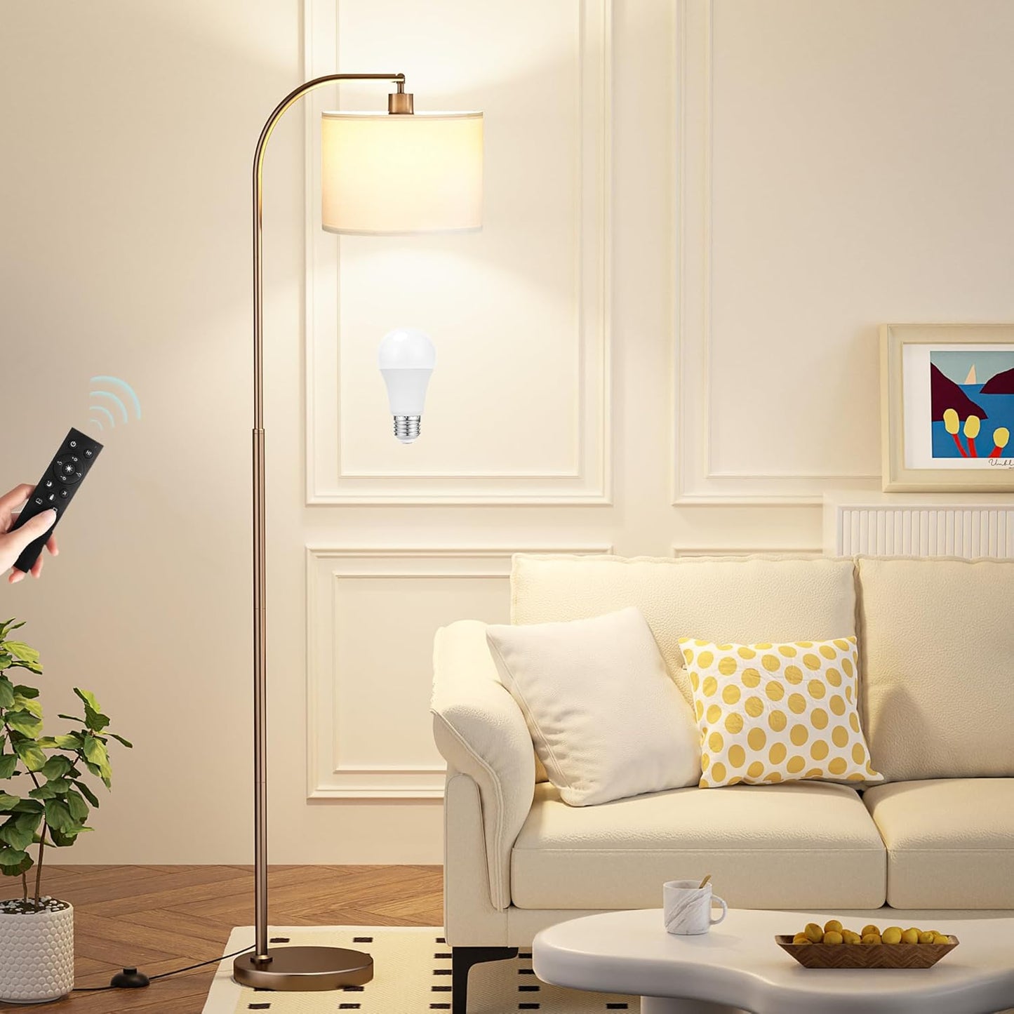Arc Floor Lamp with Remote and Stepless Dimmable Bulb, Colors Temperature & Brightness Adjustable, Floor Lamps for Living Room（Deep Beige Shade & Black Pole）