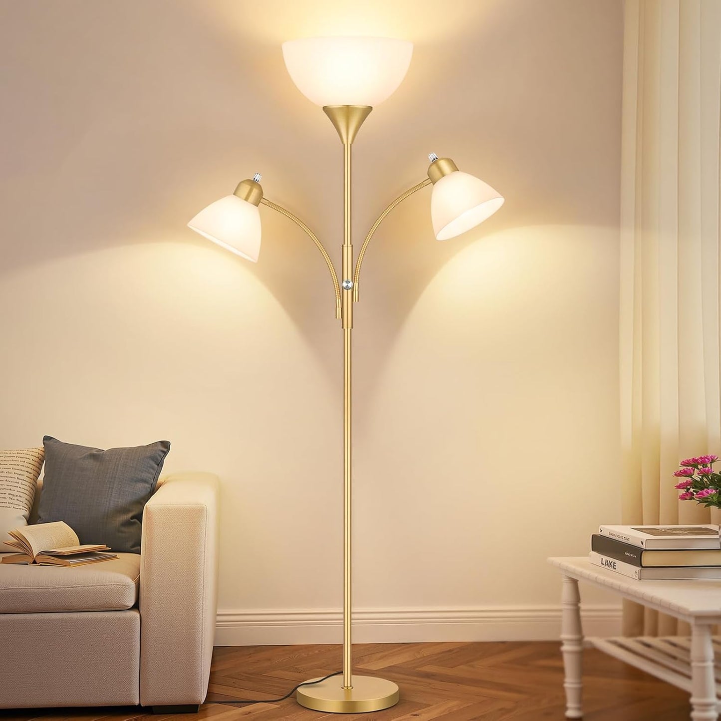 Floor Lamp for Living Room,72" Dimmable Torchiere Lamp with 2 Reading Lights for Bedroom, Black Tall Standing Room Lamp, 3 Bulbs Included