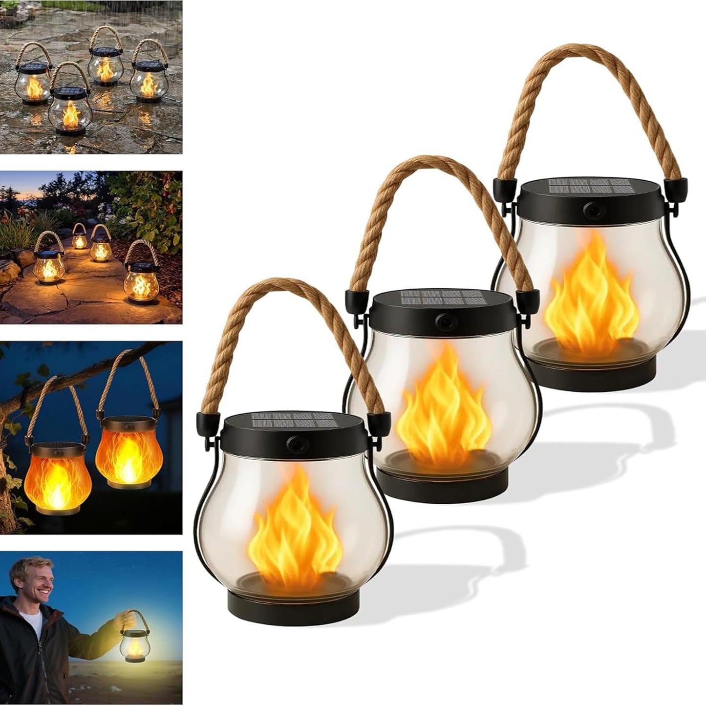 Kaliqo Solar Lantern Outdoor Lights Waterproof,Flickering Flame SolarLantern Waterproof Light,Kaligo Hemp Rope Hanging Flame Lanterns for Garden Yard Decorations (5)