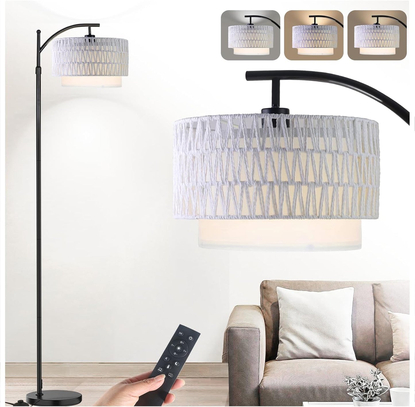 Arc Floor Lamp for Living Room,Farmhouse Floor Lamps with Remote Control & Dimmable Bulb, Boho Rattan Tall Standing Lamp for Bedroom Office