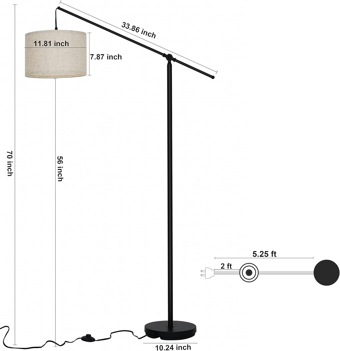 SURAIELEC Arc Floor Lamp, Overhang Cantilever Standing Floor Lamp for Couch, Sofa, Reading, Living Room, Bedroom, Adjustable Balance Arm, Natural Linen Drum Shade, Matt Black Metal Pole, Foot Switch