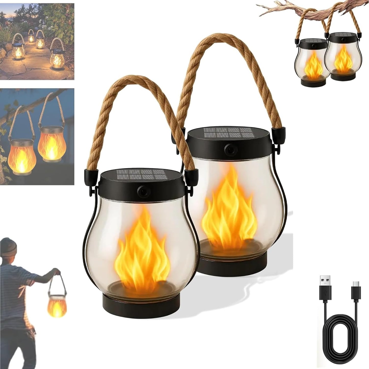 Kaliqo Solar Lantern Outdoor Lights Waterproof, Dancing Flame Solar Lantern Outdoor Lights, Kaligo Hemp Rope Hanging Flame Lanterns for Garden Yard Decorations (5pcs)