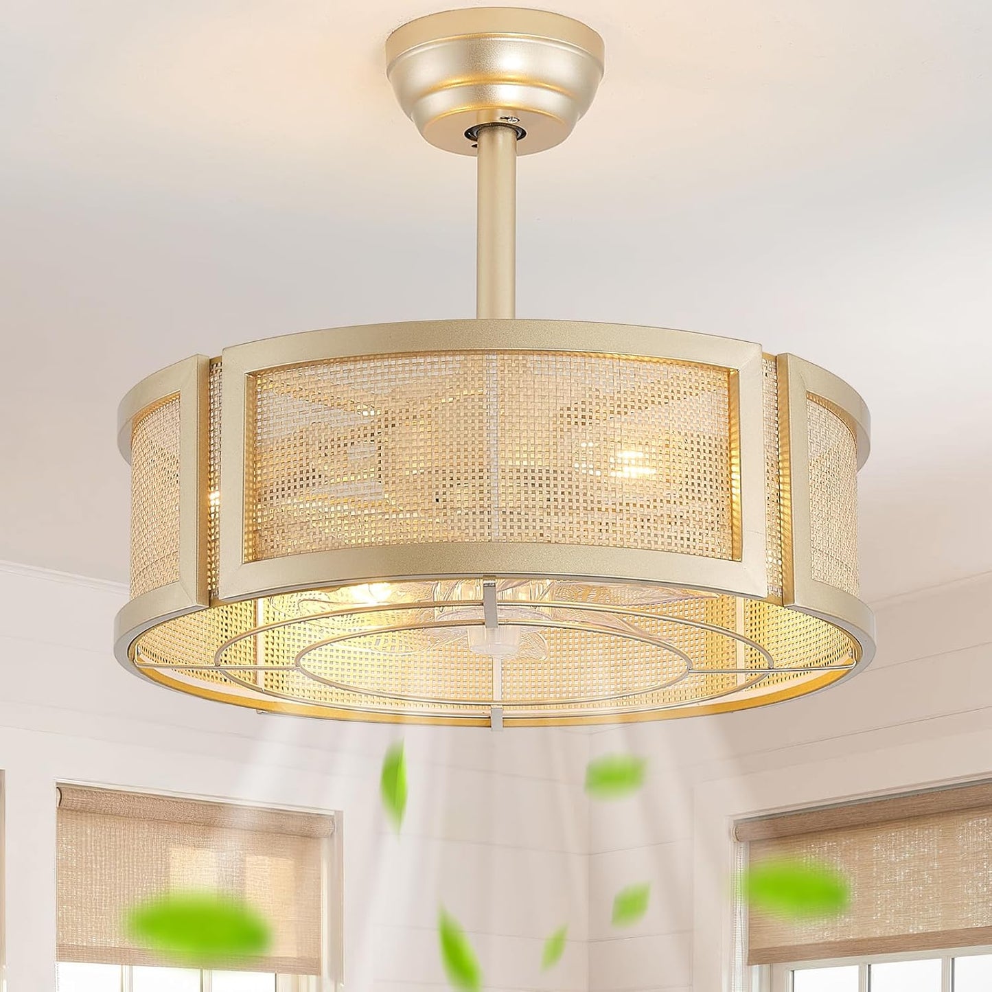20" Boho Ceiling Fans with Lights, Rattan Flush Mount Ceiling Fan with Light Remote Control with Caged 6 Speeds for Bedroom, Nursery, Living Room (White)