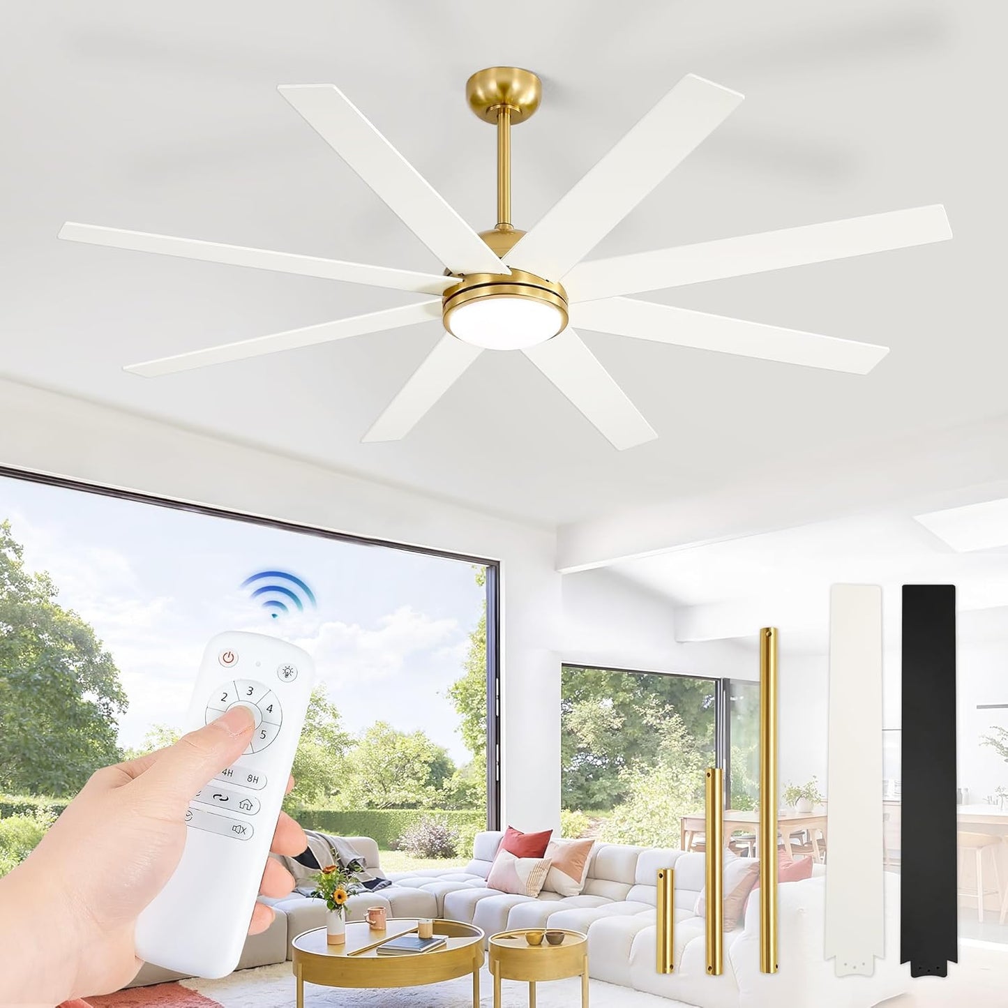 65 Inch Ceiling Fans with Lights and Remote, Black Indoor/Outdoor Ceiling Fan with Quiet Reversible DC Motor, 6 Speeds, 3CCT, 8 Blades Large Ceiling Fan for Living Room Bedroom Patio