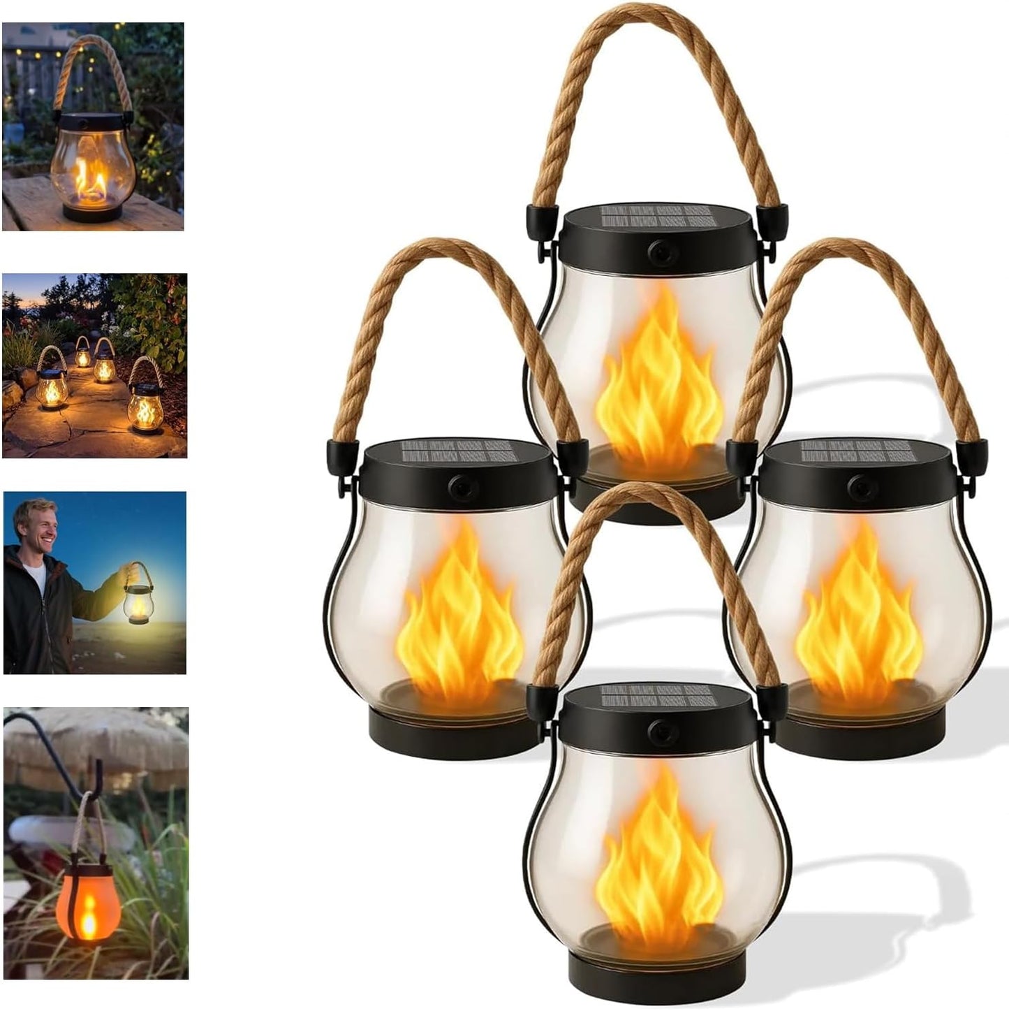 Kaliqo Solar Lantern Outdoor Lights, Waterproof Dancing Flame Solar Lantern Outdoor Lights, Hemp Rope Hanging Flame Lanterns for Garden Yard Decorations (5 Pcs)