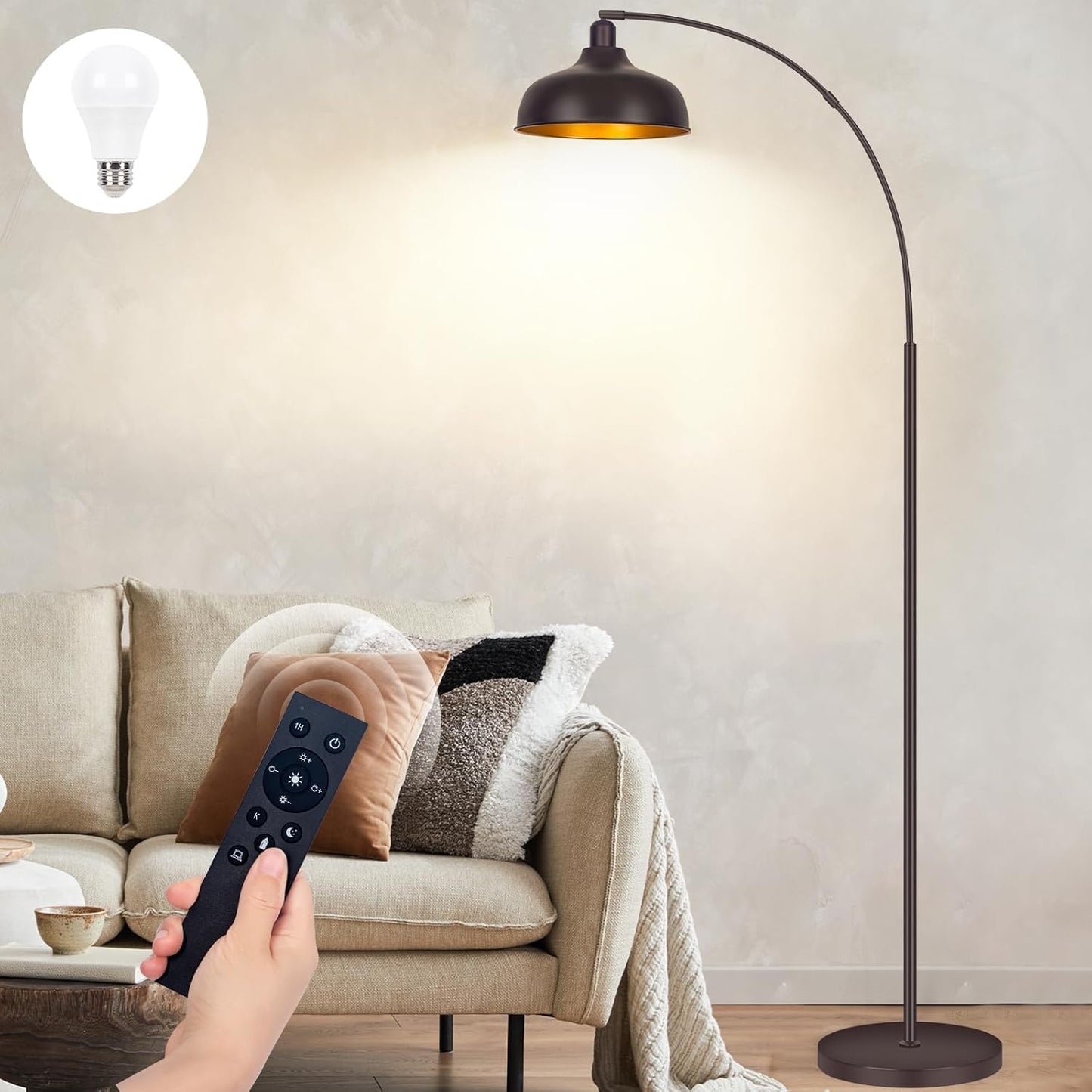 Arch Floor Lamps with Remote - Dimmable Floor Lamp 70”, Black Tall Lamp with 360° Adjustable Hanging Metal Shade, Arc Lamps Floor Standing with 9W Bulb, Over Couch Lamps for Living Room, Foot Switch