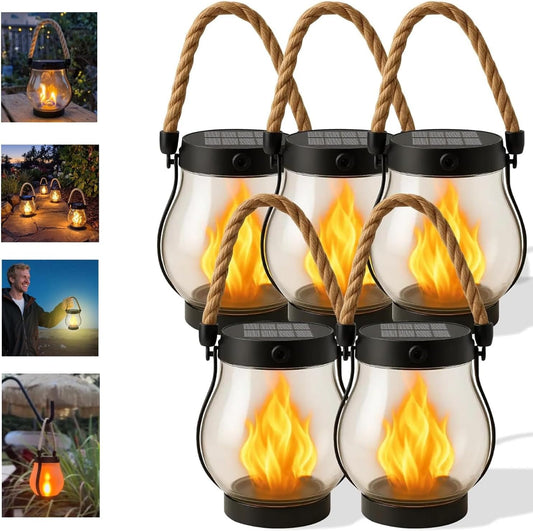 Kaliqo Solar Lantern Outdoor Lights, Waterproof Dancing Flame Solar Lantern Outdoor Lights, Hemp Rope Hanging Flame Lanterns for Garden Yard Decorations (5 Pcs)