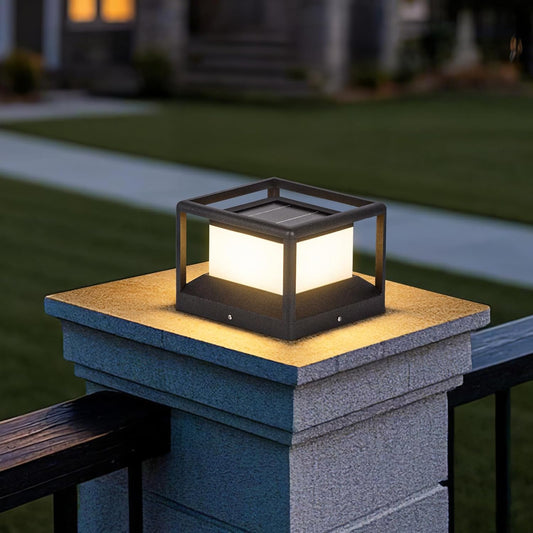 Solar Post Light 9.1" Outdoor Column Lamp Modern LED Pillar Lights Solar Power Fence Deck Fixture Landscape Lighting Dusk to Dawn Waterproof Cap Lantern for Driveway Patio Garden Decoration