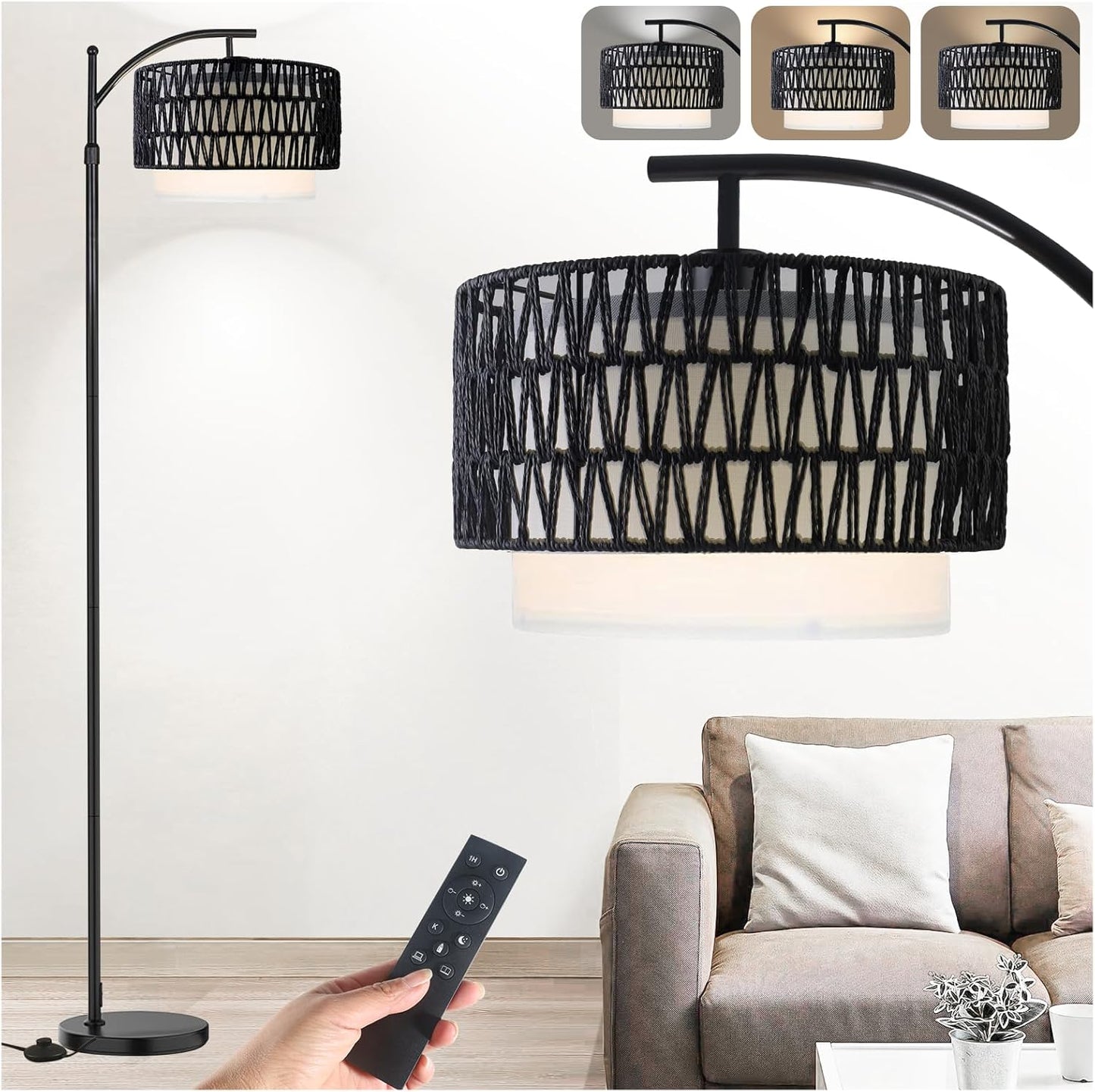 Arc Floor Lamp for Living Room,Farmhouse Floor Lamps with Remote Control & Dimmable Bulb, Boho Rattan Tall Standing Lamp for Bedroom Office
