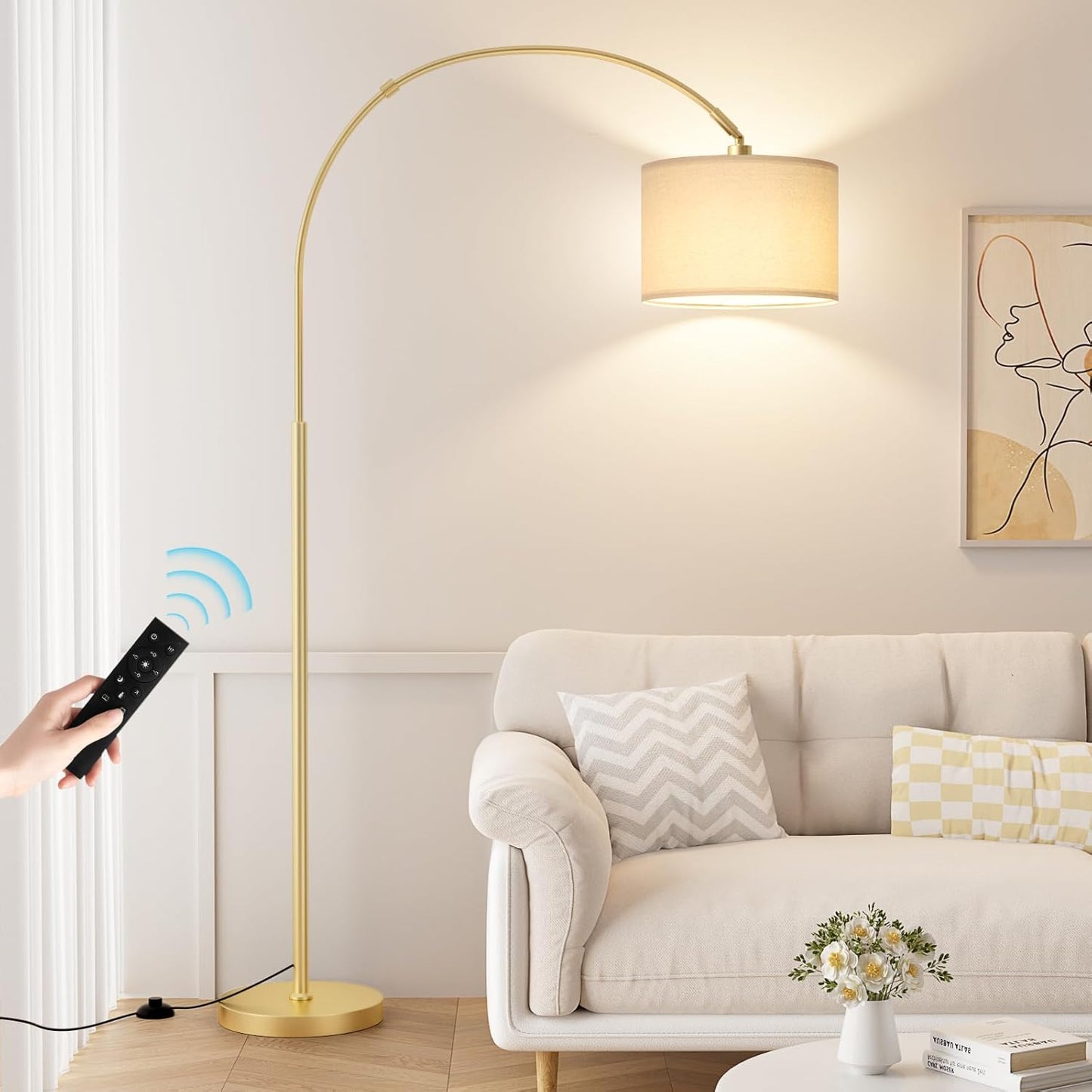Ambimall 70" Dimmable Arc Floor Lamp with Remote, Color Temperature and Brightness Adjustable, Arched Floor Lamp with Rotating Head, Over Couch Arched Reading Light for Living Room (Beige and Black)