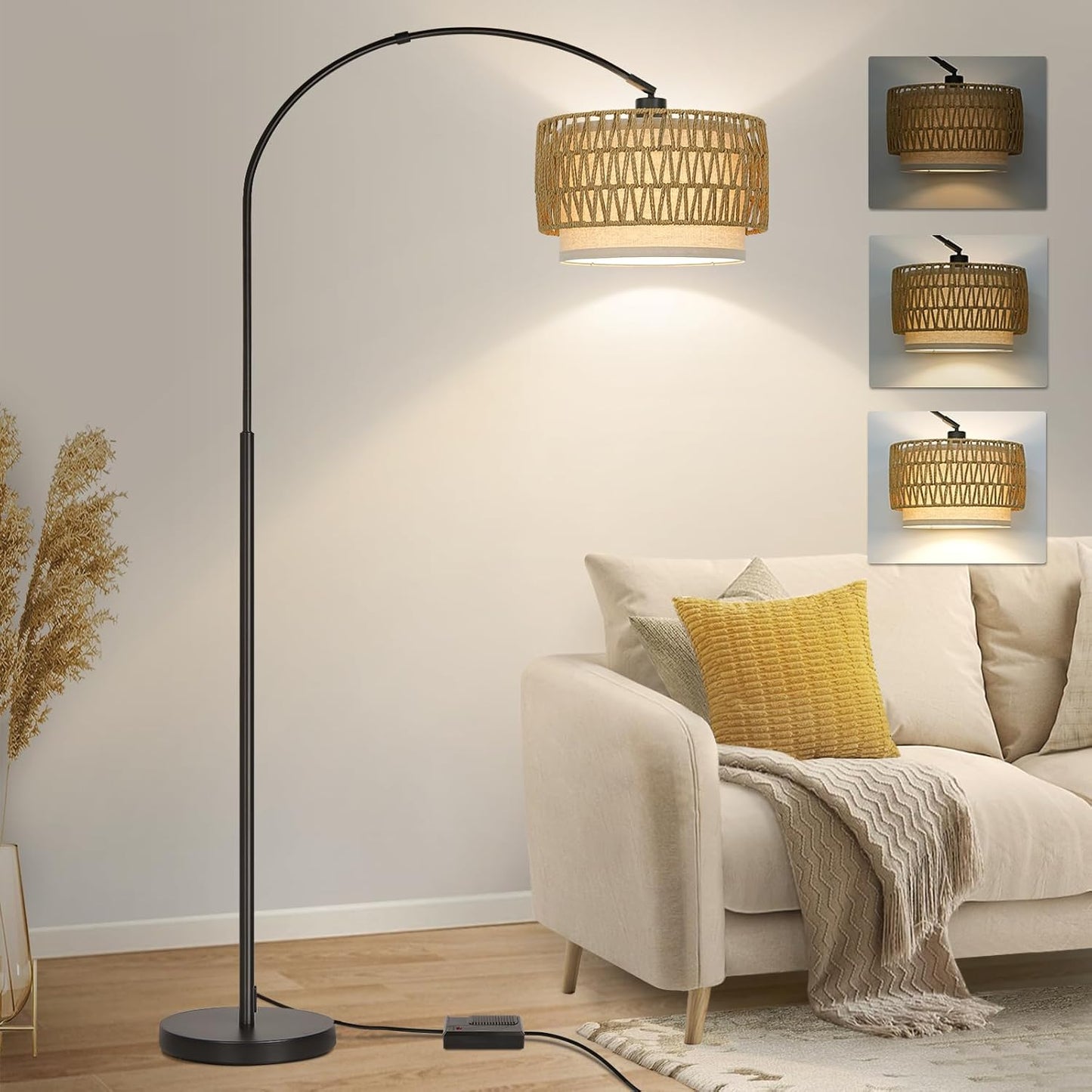 Dimmable Floor Lamp, Arc Floor Lamp with Dimmer, Black Standing Lamp with Adjustable Hanging Shade, Over Couch Tall Reading Light, Modern Pole Lamp for Living Room Bedroom, 9W LED Bulb Included