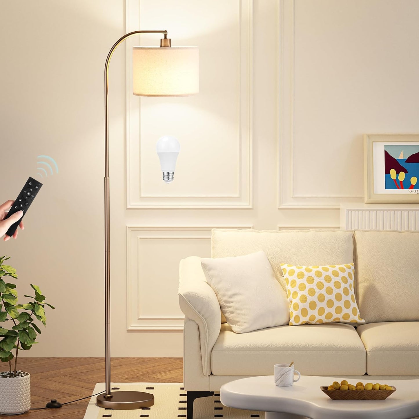 Arc Floor Lamp with Remote and Stepless Dimmable Bulb, Colors Temperature & Brightness Adjustable, Floor Lamps for Living Room（Deep Beige Shade & Black Pole）