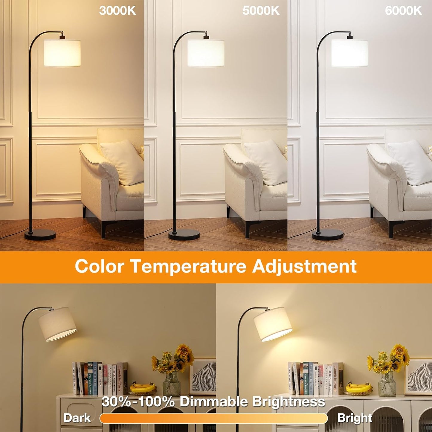 Arc Floor Lamp with Remote and Stepless Dimmable Bulb, Colors Temperature & Brightness Adjustable, Floor Lamps for Living Room（Deep Beige Shade & Black Pole）