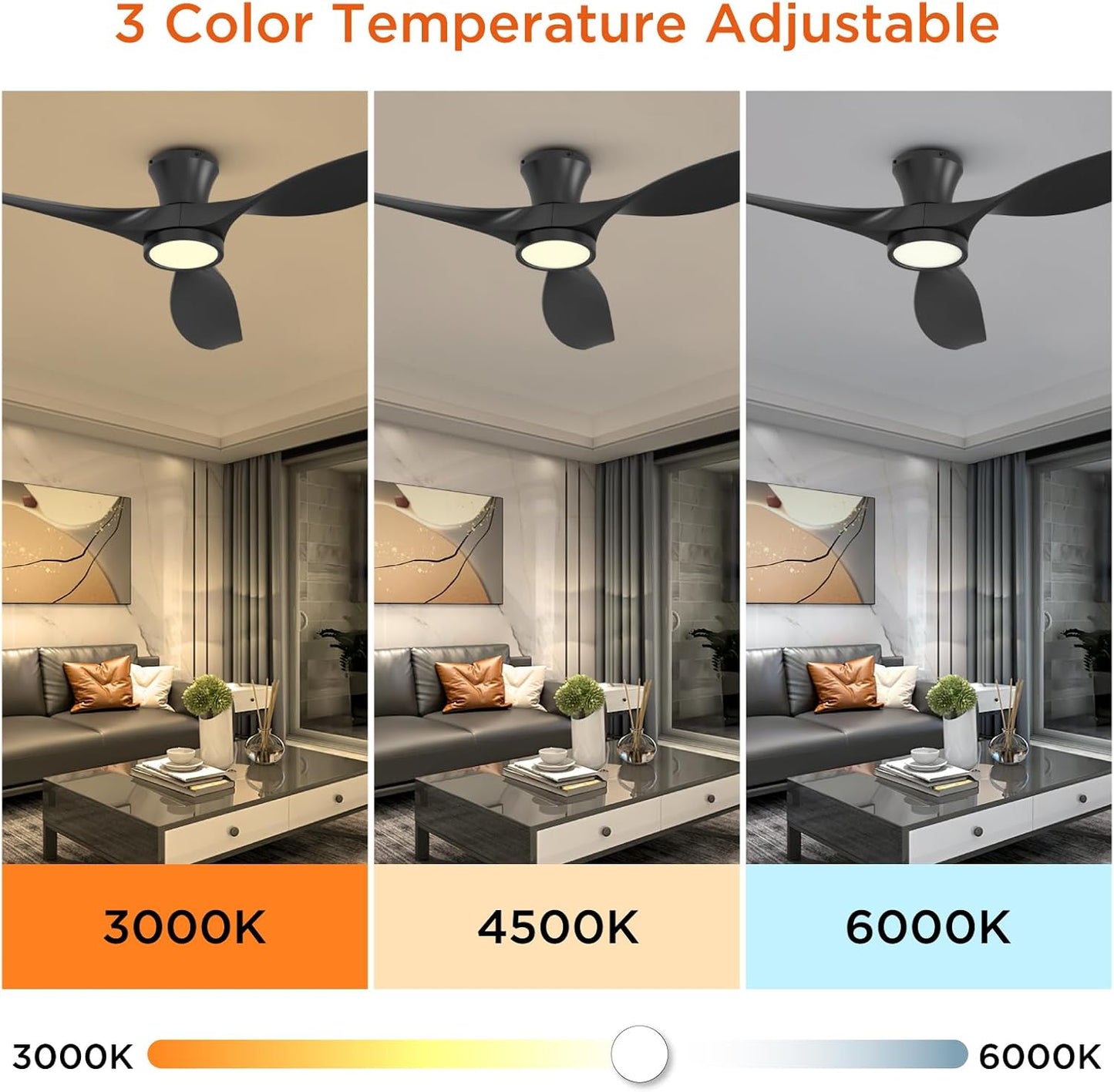 TALOYA 52 Inch Ceiling Fan with Led Light Remote Control Flush Mount Low Profile for Bedroom Farmhouse Patio Outdoor Living Room Kitchen Dining Room,DC Motor,Reversible,Black
