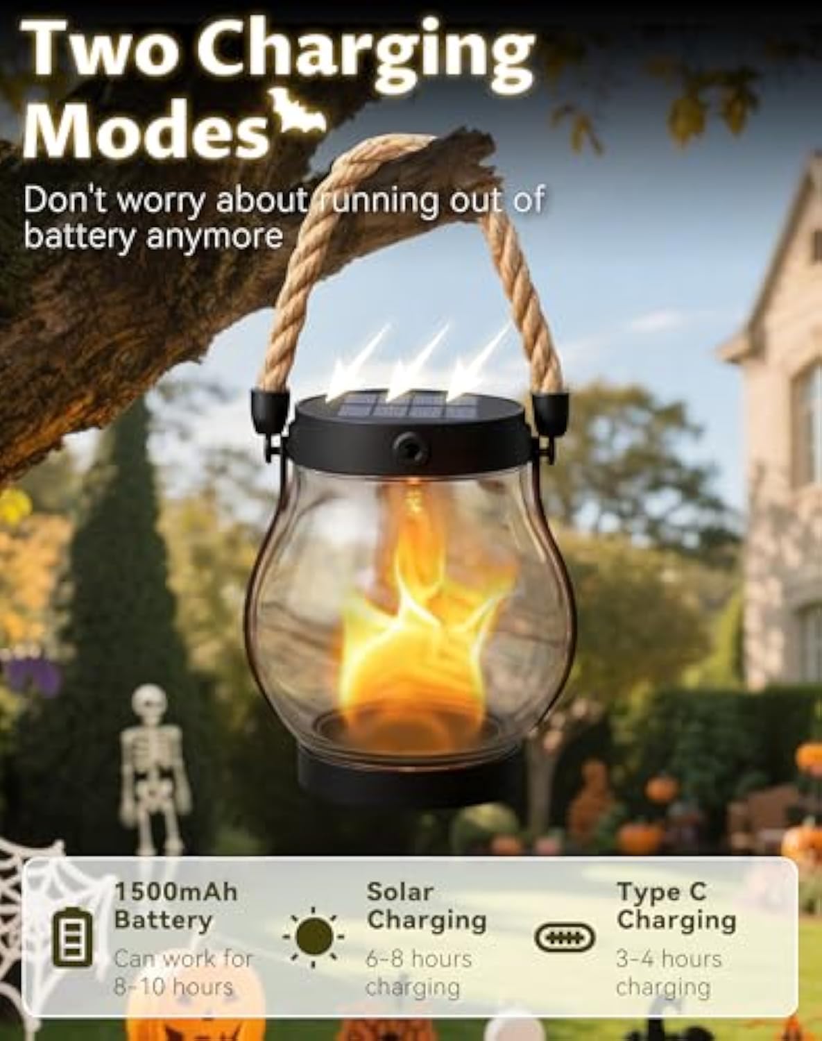 Solar Lantern Outdoor Lights, whimsyard solars Lantern Waterproof with Hemp Rope, Hanging Solar Lanterns, Dual Charging Modes for Garden Yard Decorations (5PCS)