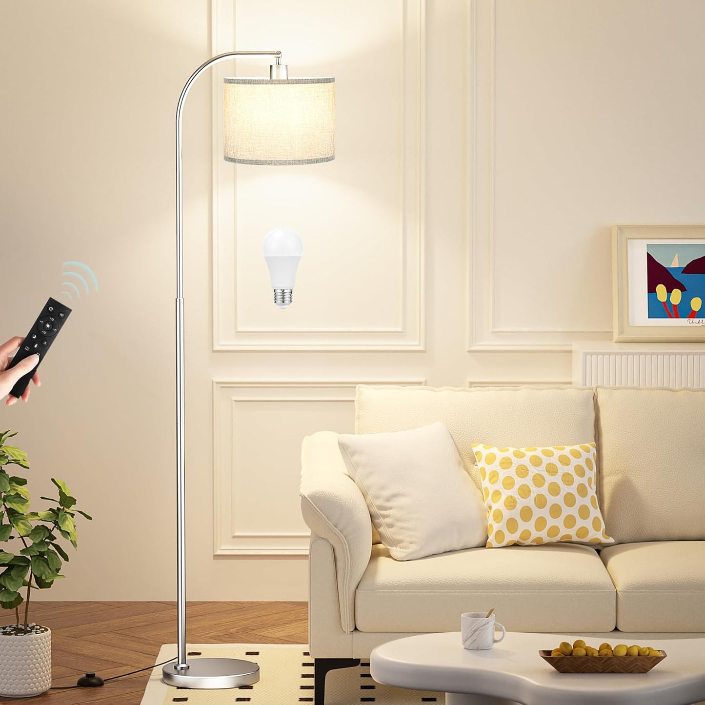 Arc Floor Lamp with Remote and Stepless Dimmable Bulb, Colors Temperature & Brightness Adjustable, Floor Lamps for Living Room（Deep Beige Shade & Black Pole）