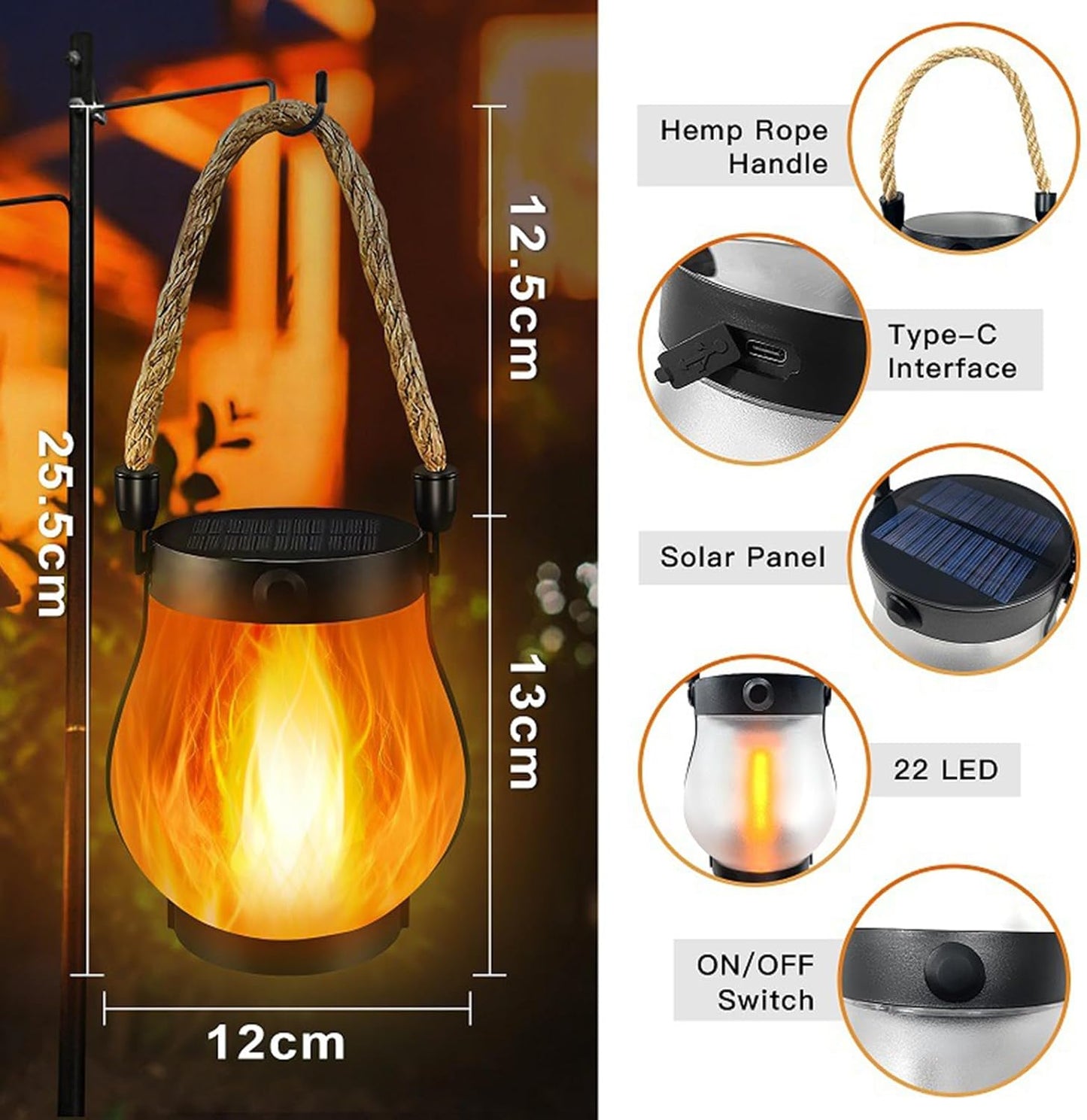 Kaliqo Solar Lantern Outdoor Lights Waterproof,Flickering Flame SolarLantern Waterproof Light,Kaligo Hemp Rope Hanging Flame Lanterns for Garden Yard Decorations (5)