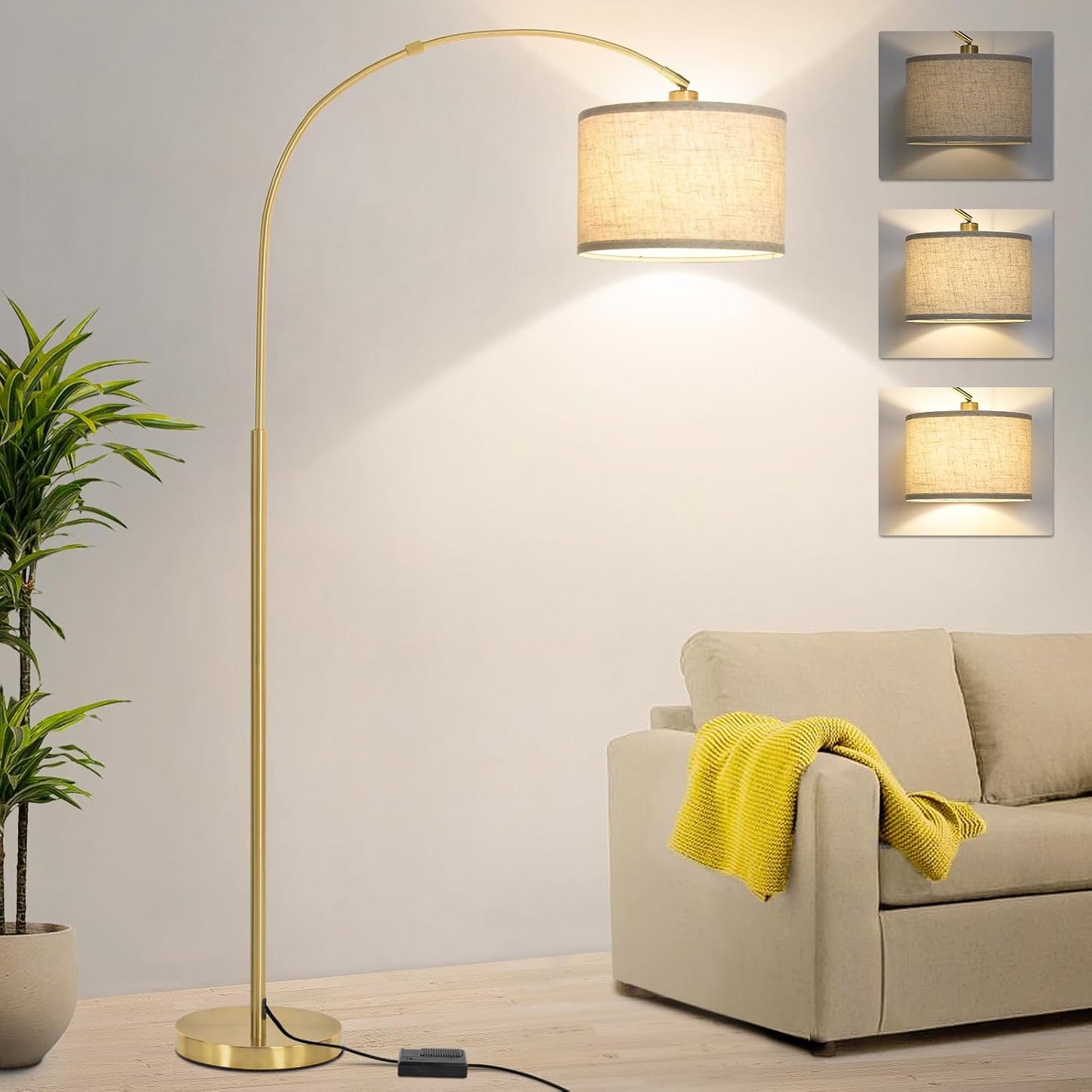 Dimmable Floor Lamp, Arc Floor Lamp with Dimmer, Black Standing Lamp with Adjustable Hanging Shade, Over Couch Tall Reading Light, Modern Pole Lamp for Living Room Bedroom, 9W LED Bulb Included