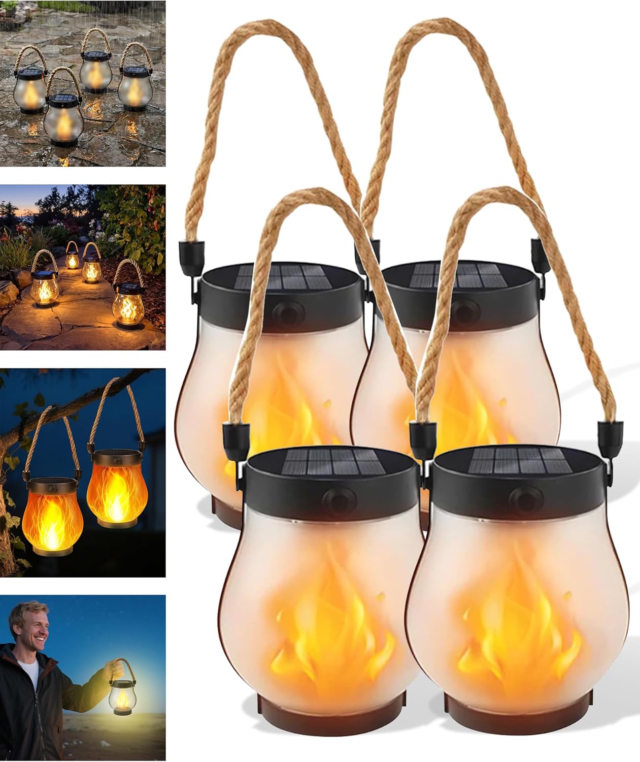 Kaliqo – Kaliqo Solar Lantern Outdoor Lights Waterproof, Dancing Flame Solar Lantern Outdoor Lights, Kaligo Hemp Rope Hanging Flame Lanterns for Garden Yard Decorations (6Pcs)